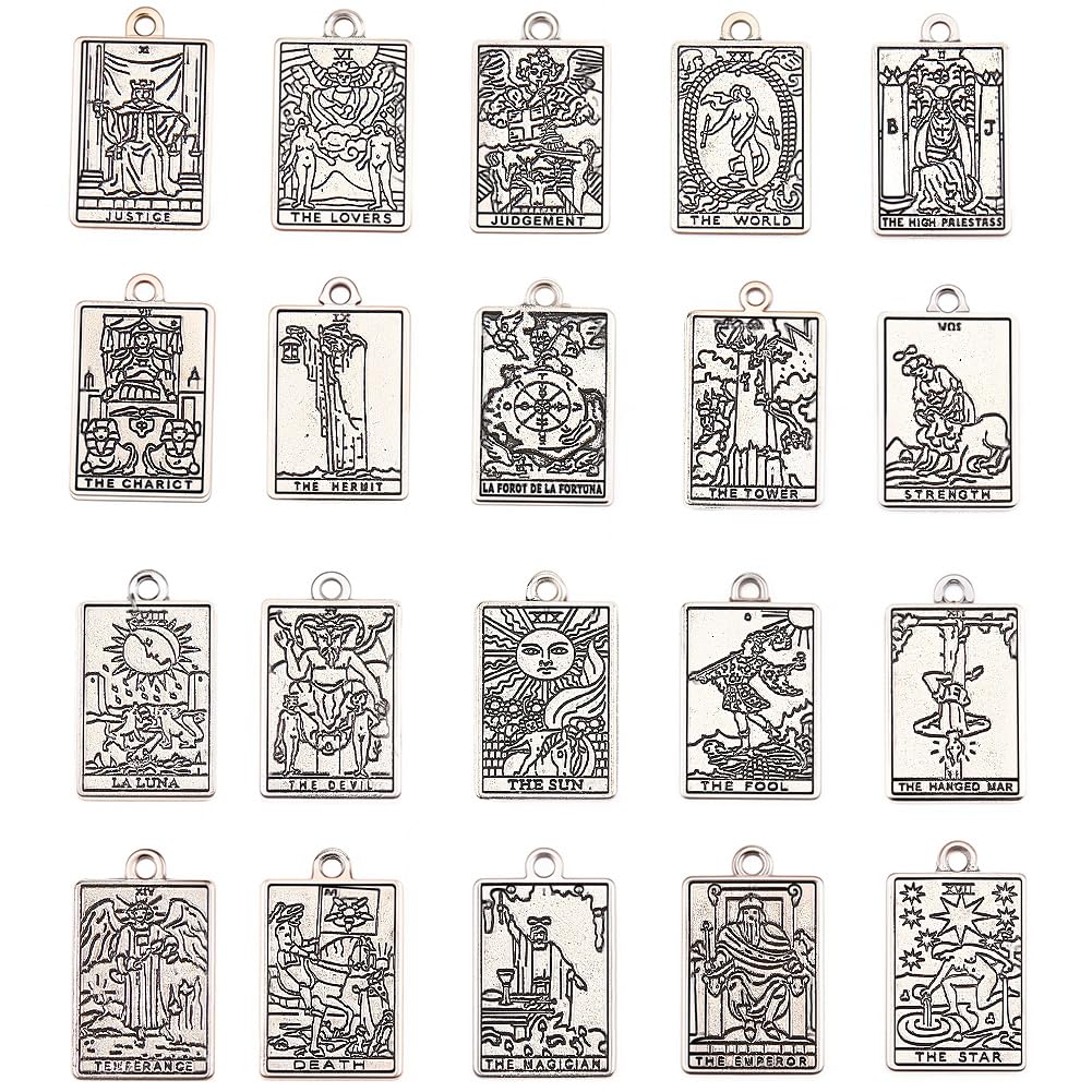 SUNNYCLUE 1 Box 40pcs 20 Styles Silver Tarot Card Charms Tarot Charms Bulk Antique Silver Tibetan Style Rectangle Moon Sun Star Lucky Ouijas Halloween Gothic Pendants Bulk for Jewellery Making Earring