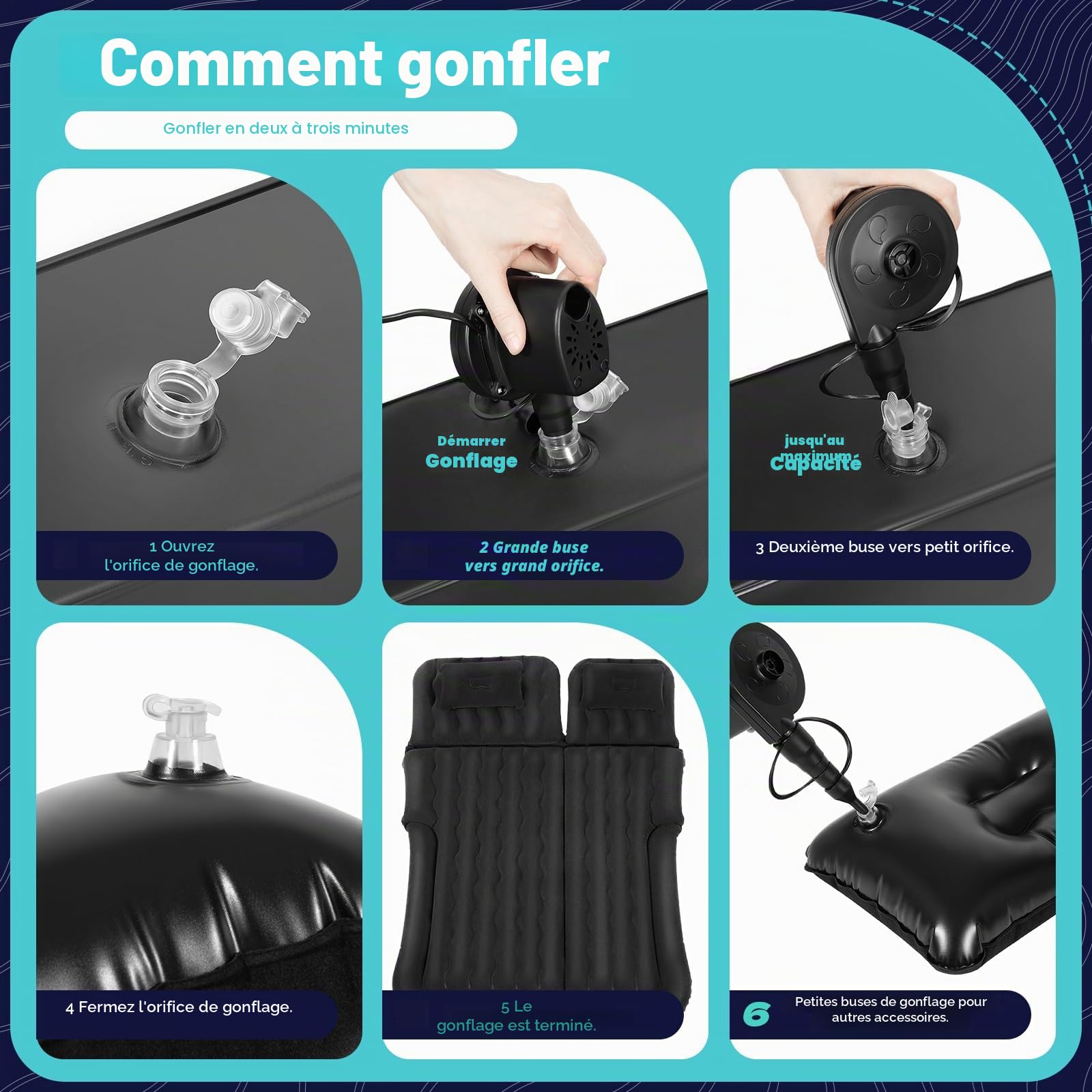 Matelas gonflable pour voiture, coffre, avec pompe à air électrique, SUV, camping, noir