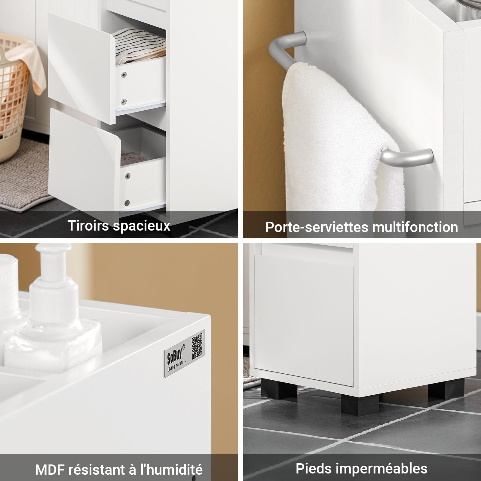 SoBuy Meuble Salle de Bain Petit Meuble Rangement avec 3 Tiroirs 4 Compartiments, Porte-Serviettes – Armoire Salle de Bain Compacte, Idéale pour Toilette en Bois, Meuble WC Blanc, 30x90x30cm, BZR29-W