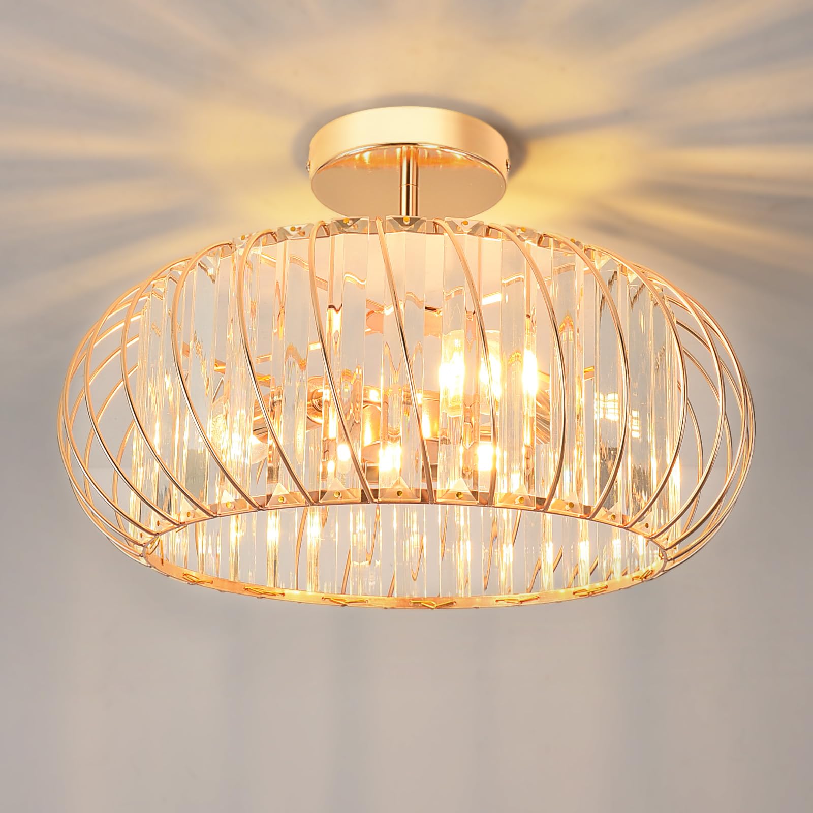ANWIO Gold Chandelier,Light Shade,Ceiling Lights Living Room Modern,3-Light Flush Ceiling Light,Lights Fittings Ceilings,Bedroom Crystal Chandelier lampshade(E14,NO Bulbs, DIAM 40CM)
