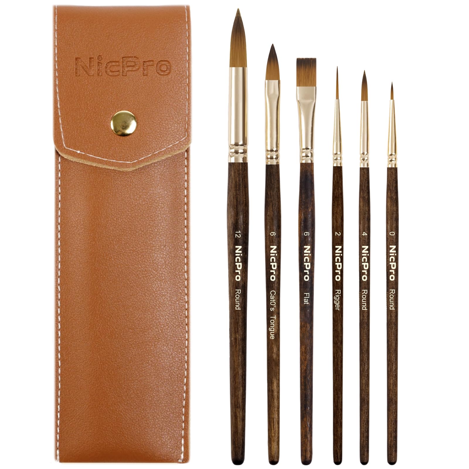 Nicpro Travel Watercolour Brushes Set, 6 Pcs Kolinsky Sable Performance Paint Brush for Professional Artist & Beginners with Round, Rigger, Cats Tongue, Oval Wash for Water Color, Ink Gouache Painting