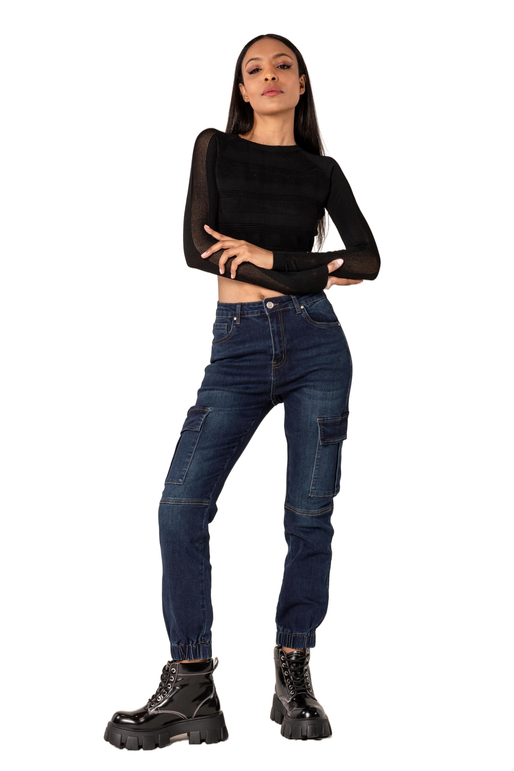Nina Carter P219 Pantalones vaqueros cargo para mujer, cintura alta, corte relajado, puños elásticos, aspecto desgastado