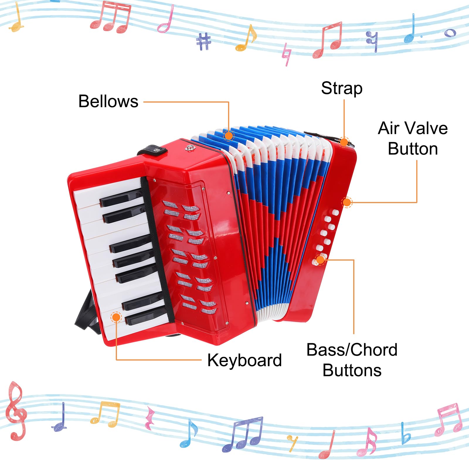 QUARKZMAN Accordion 17 teclas 8 botón de bajo acordeón juguete mini instrumento musical ligero para adultos principiantes educación, rojo