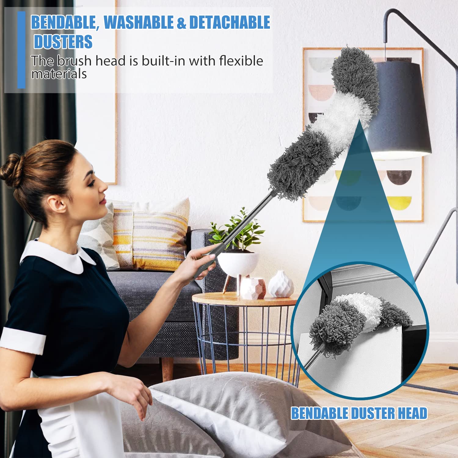 Spolverino Telescopico WIWJ Per Soffitti E Angoli - Estensibile Fino A 255cm, Testa Lavabile In Microfibra | Grigio - Foto 4
