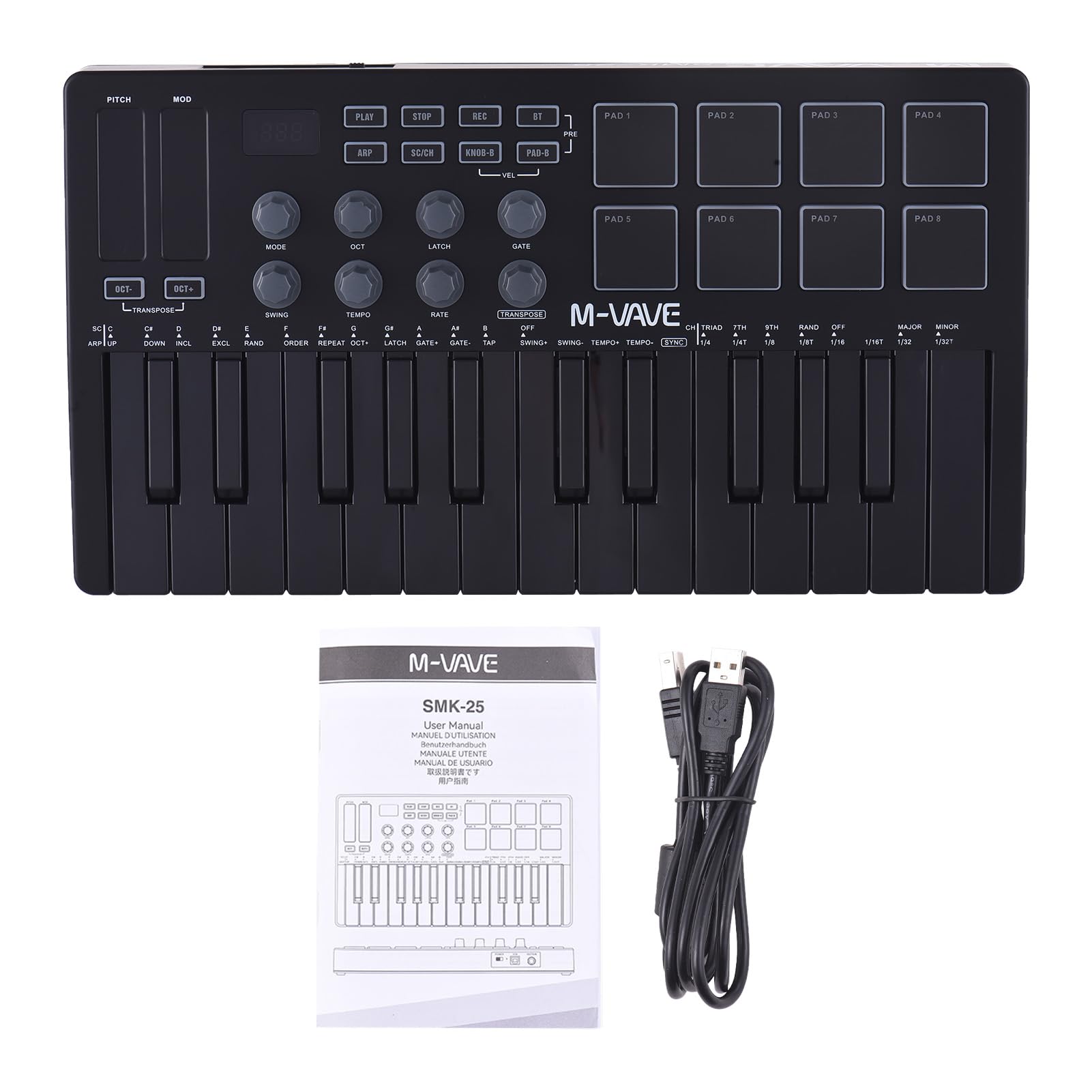Controlador de Teclado MIDI de 25 Key, Almohadillas Retroiluminadas RGB, Batería Calchargable, Perillas Asignables MIDI, para Producción de Música, con Windows/Mac/iOS/Android,
