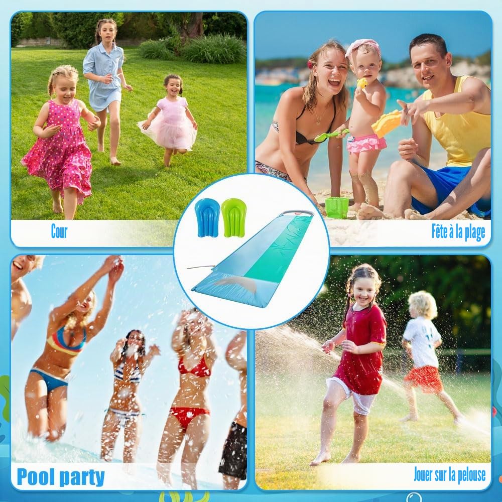 Mineup Toboggan Aquatique, 550 X 140cm Toboggan De Pelouse D'été avec Arroseur Intégré, Tobogga pour Pelouse Double Tobogga À Eau avec 2 Bodyboards, Idéal pour Le Jardin Et La Pelous