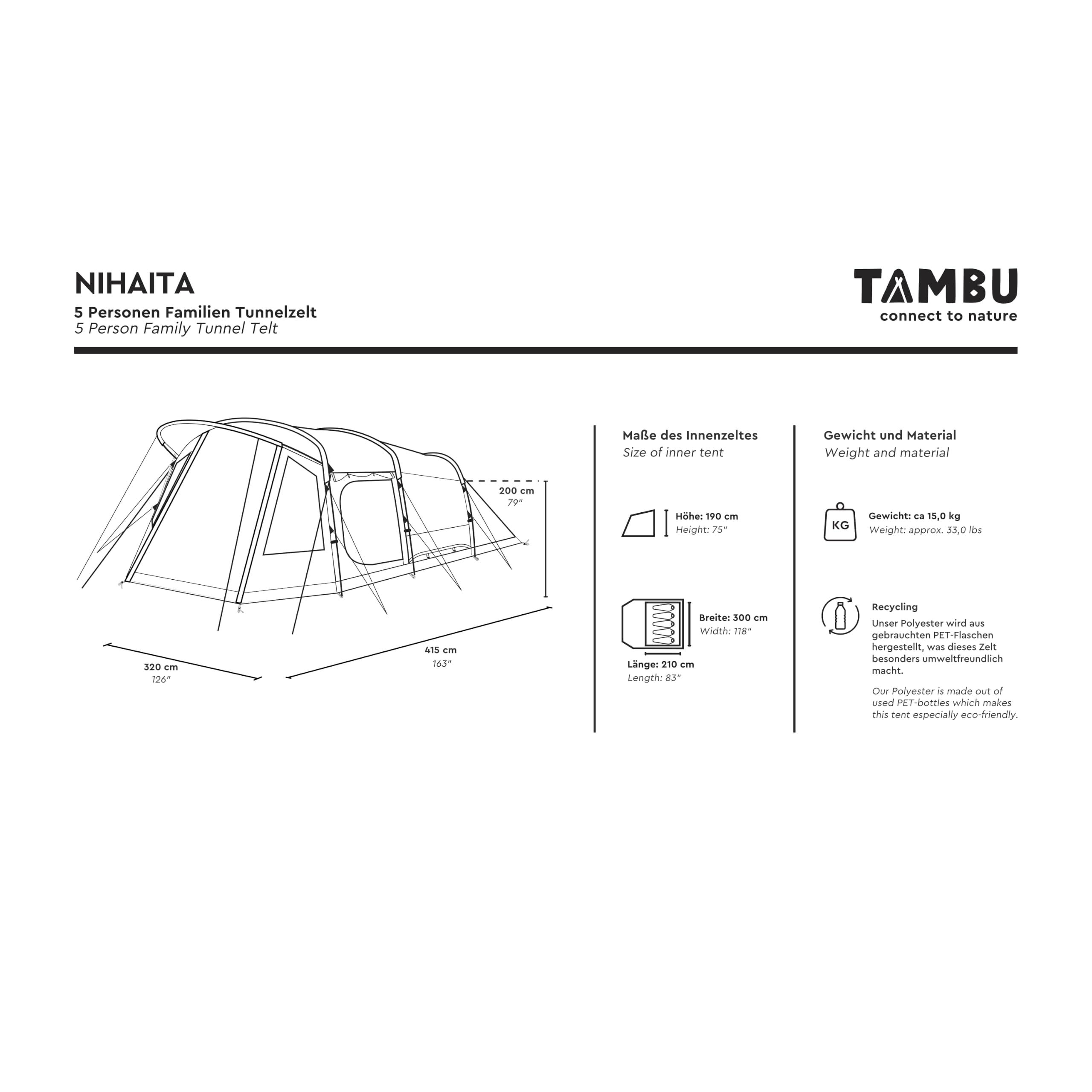 TAMBU - Outdoor Nihaita Großes 5-Mann-Zelt, Doppelhaut, wasserdichtes Tunnelzelt für Camping, Veranstaltungen und Festivals, geräumiges Familienzelt mit 3 Fächern, 5 Personen, 3000 mm Wassersäule