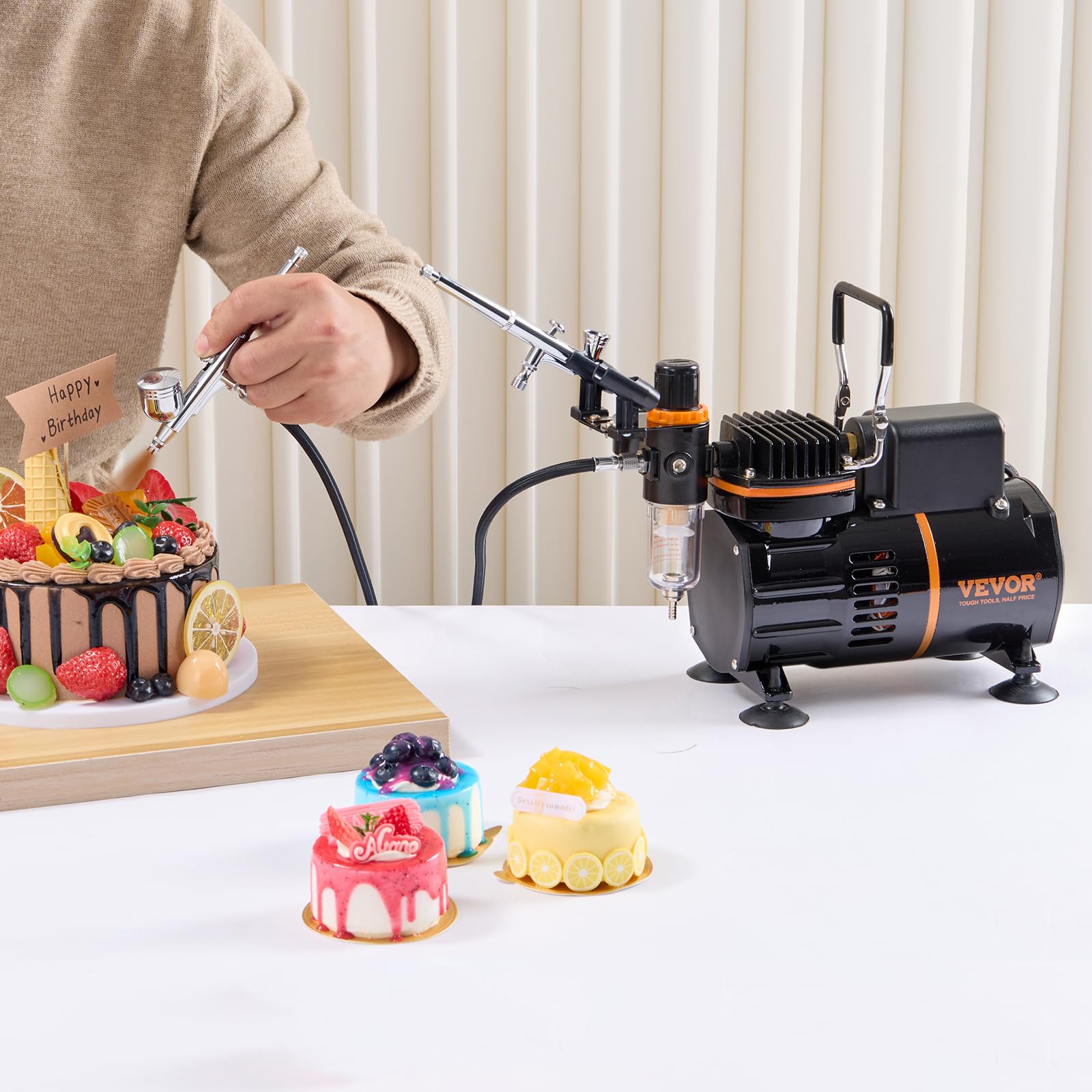VEVOR Kit d'aérographe, compresseur d'air à double ventilateur, système d'aérographe professionnel avec 3 pistolets, support, roue de mélange de couleurs, pour art de l'ongle, cuisine, maquillage