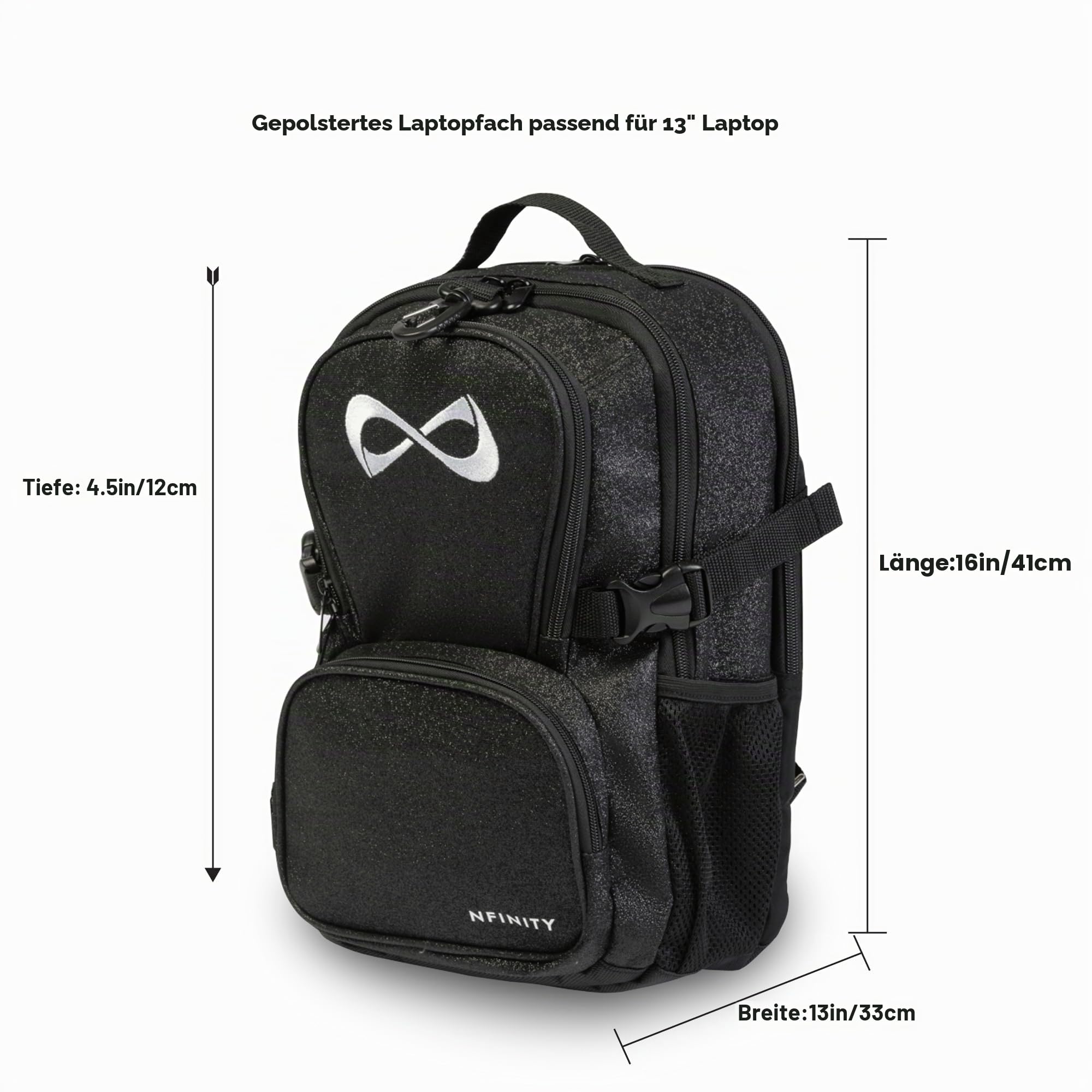 Nfinity Sparkle Rucksack für Cheerleader - Glitzer-Finish, leicht und langlebig, mit reichlich Stauraum und verstellbaren Trägern, Sparkle Petite Rucksack, weißes Logo, Petite