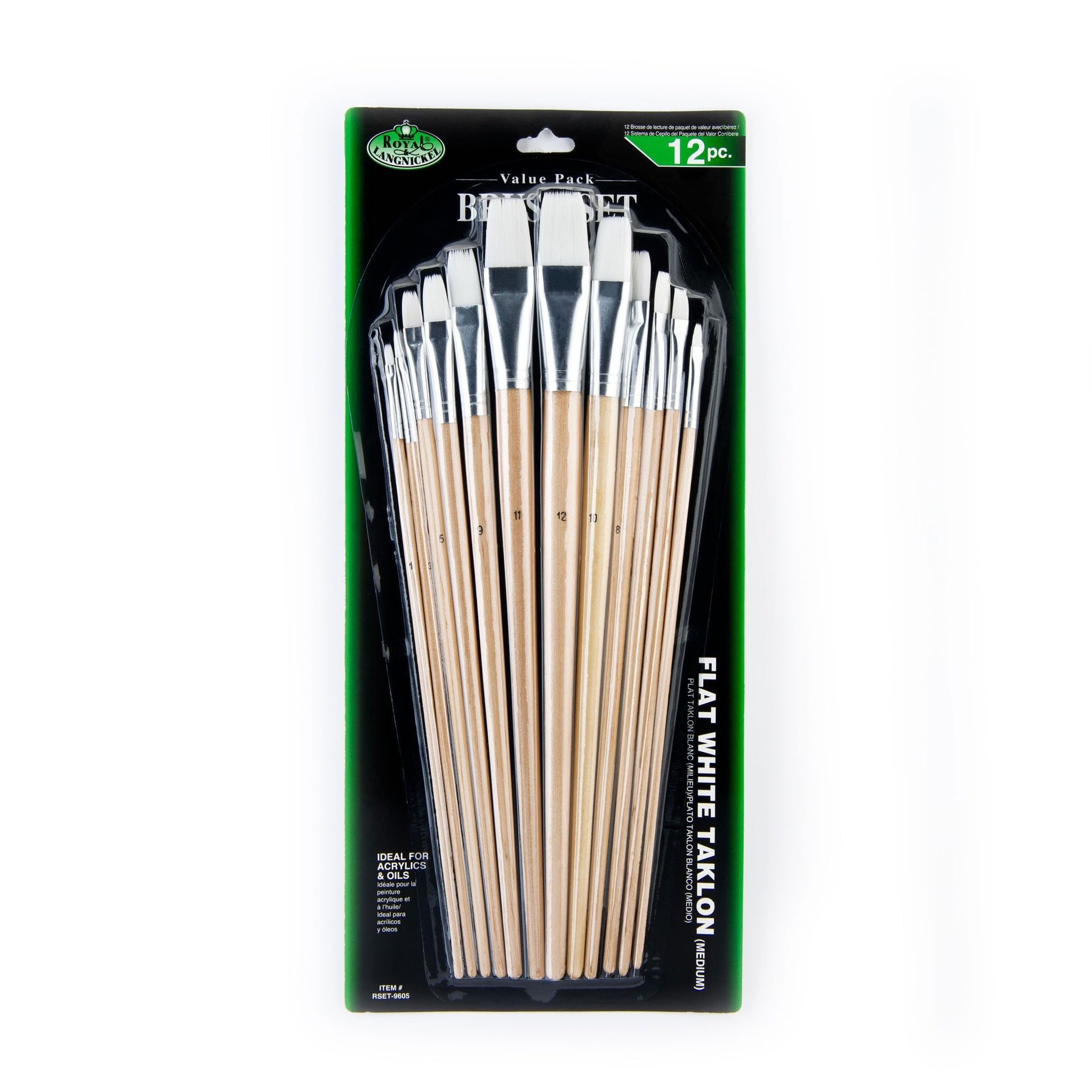 Royal and Langnickel Flat Long Handle Taklon Variety Brush Set - White (Pack of 12)