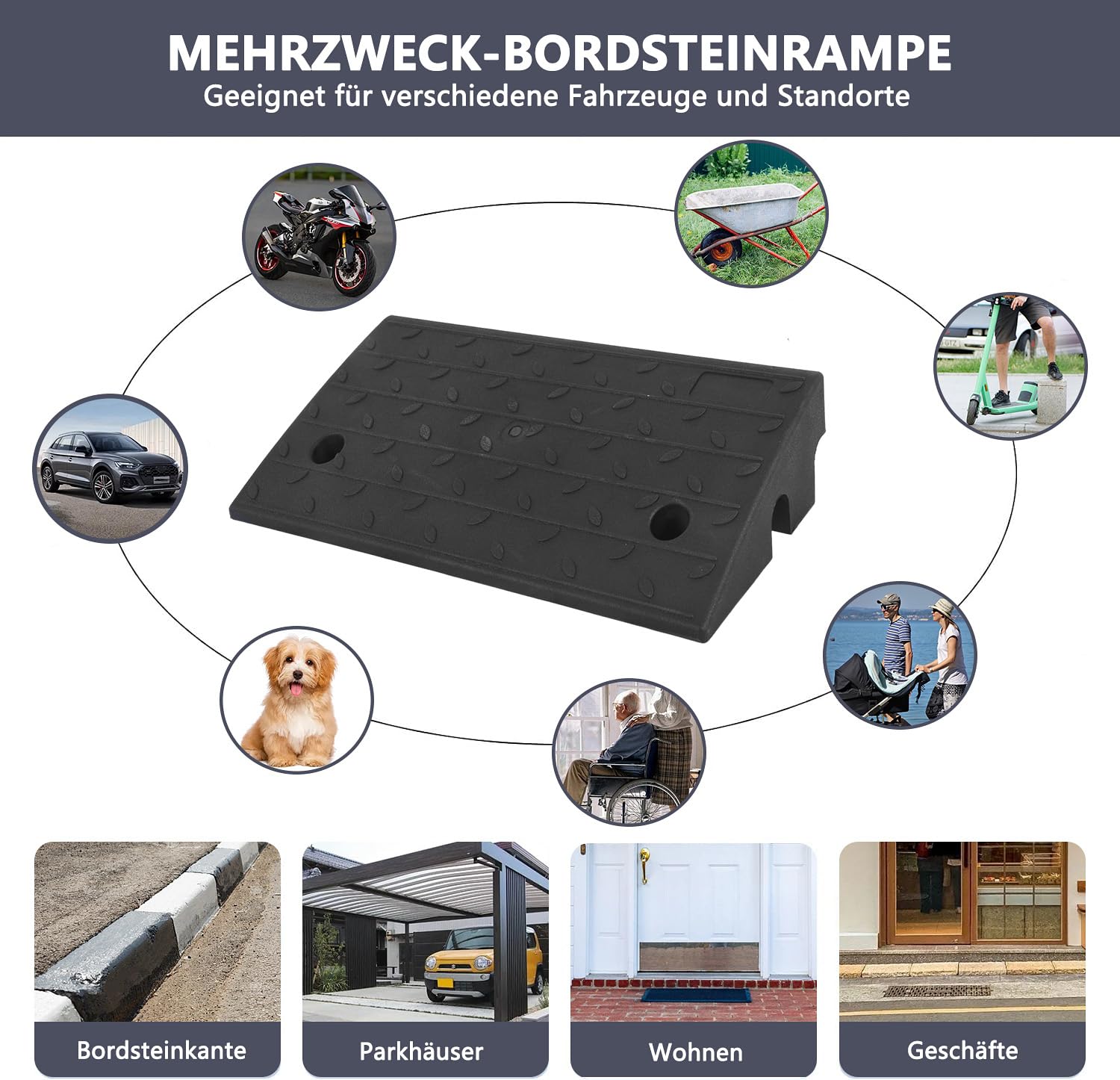 Gumowa rampa do krawężnika, wysokość 150 mm, dł. x szer. x wys.: 430 x 380 x 120 mm, czarna, rampa do wózka inwalidzkiego, rampa samochodowa do głębokich samochodów, motocykli (wysokość 150 mm
