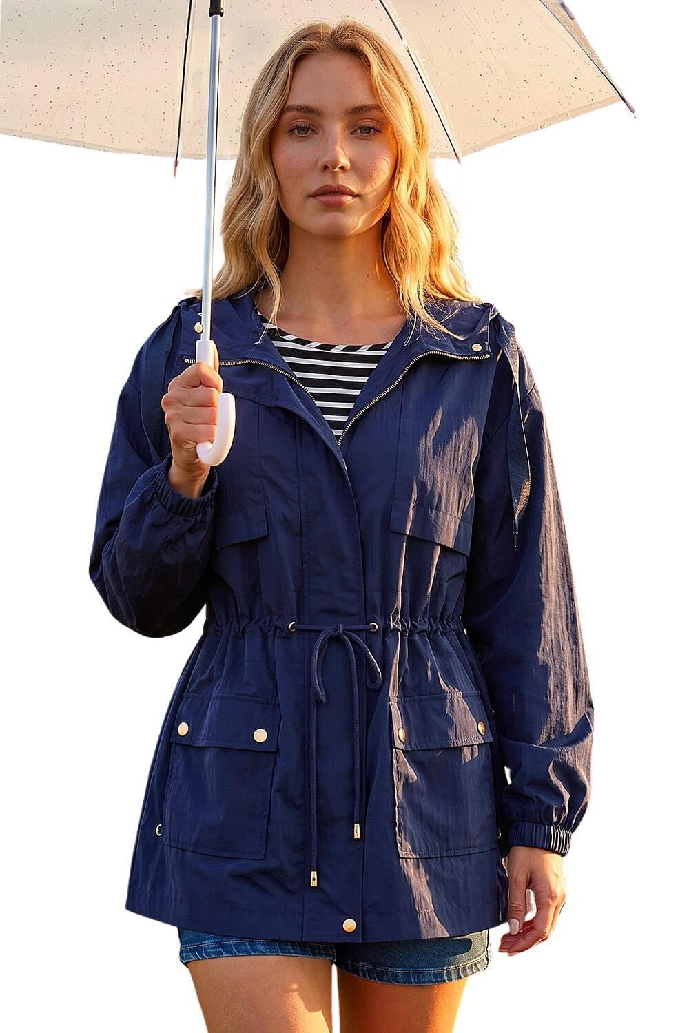Roman Originals Women's Navy Shower Resistant Rain Jacket For Uk - Everyday Autumn Winter Comfy Soft Evening Vacation Work Party Night Out - Size 10