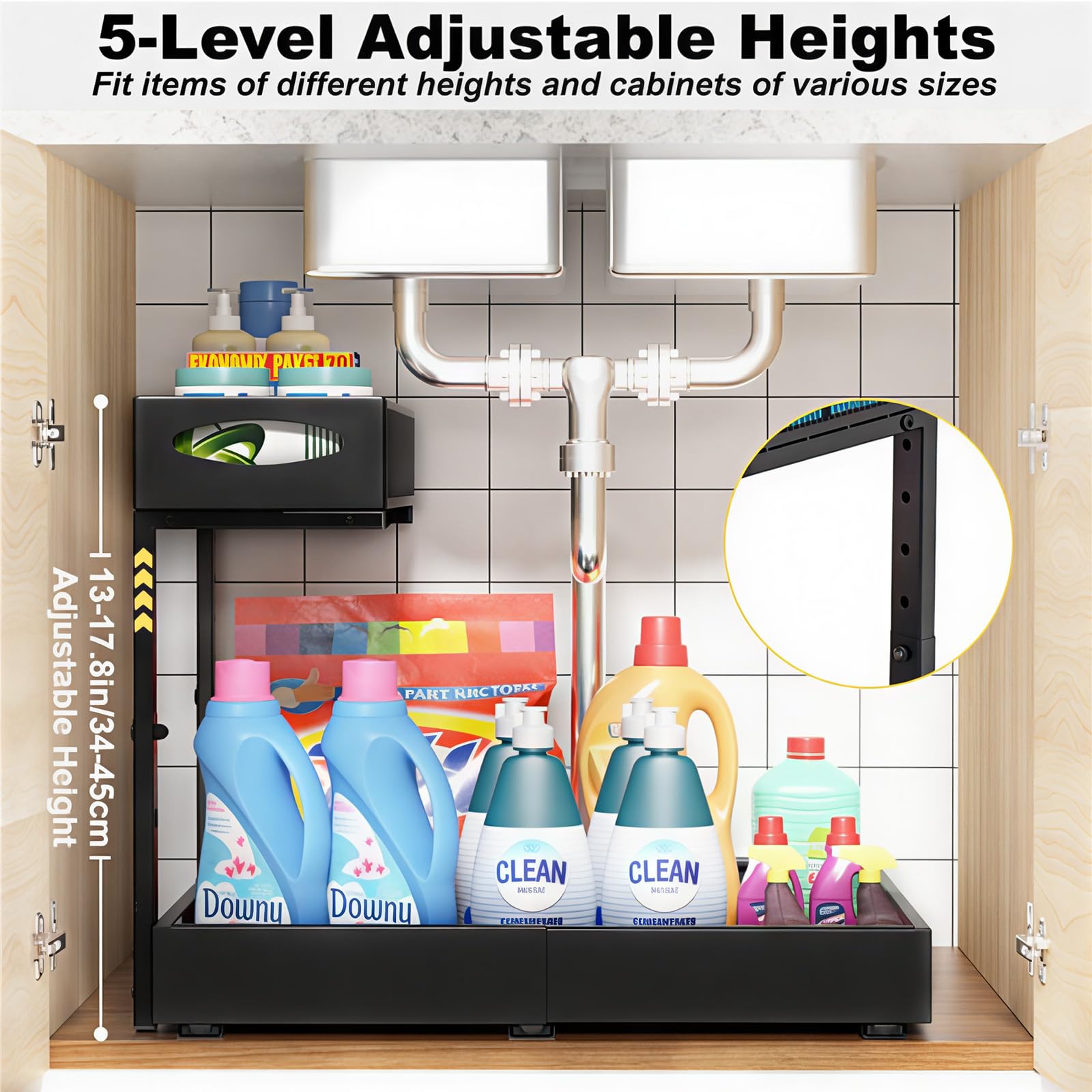 Housolution Rangement sous Évier en Métal, Largeur Extensible de 35 à 52 cm, Hauteur Réglable de 34 à 45 cm, Organisateur Étagère sous Évier Coulissant pour Placard de Cuisine, Un Côté