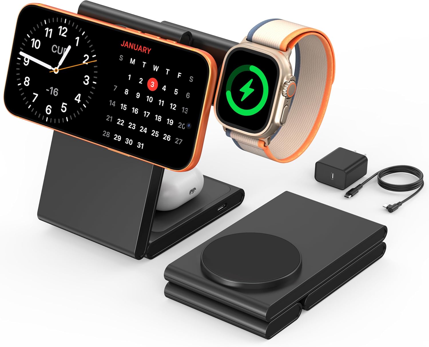 New Travel Foldable 3 in 1 Wireless Charging Station for Apple Magsafe Charger Stand,Fast Magnetic Wireless Charger Station for iPhone 17 Air 16 15 14 13 12 Series,Airpods Pro,Apple Watch Ultra-Black