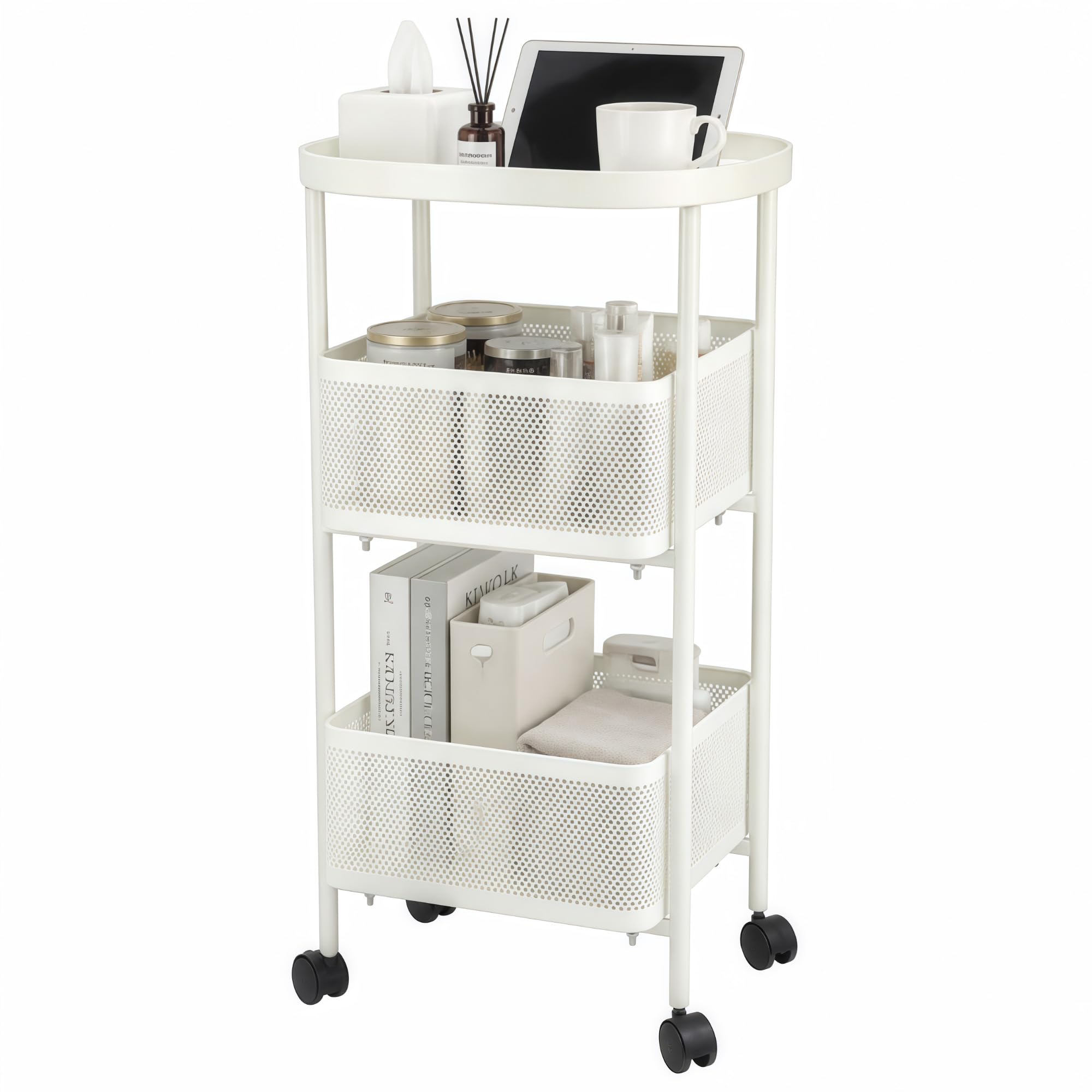 Carrito rodante de 3 niveles, carritos de almacenamiento de metal con ruedas, organizador de carritos para manualidades, cesta de malla para cama, cocina, oficina, arte, blanco lechoso