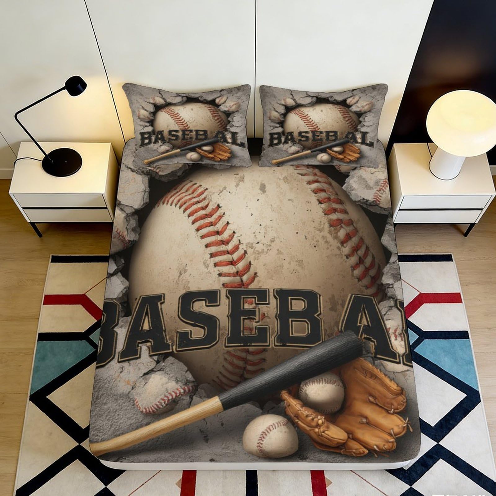 3D Printed Baseball Fitted Sheet Microfiber Durable Soft 3D Sports Design Mattress Cover for Bedroom Dormitory Guest Room Protection 180x200x25cm