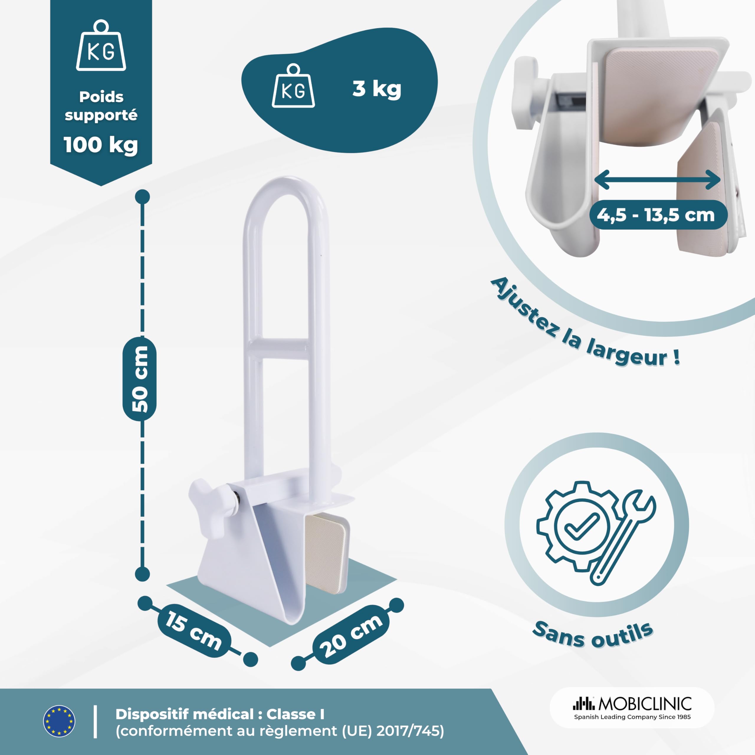 Mobiclinic®, Barre d'Appui Baignoire, Baignoires à Bords Lisses (4,5-13,5 cm), Poignée Ergonomique, Max. 100 kg, Usage Clinique et Domestique, Sûr et Fonctionnel, Mobibary
