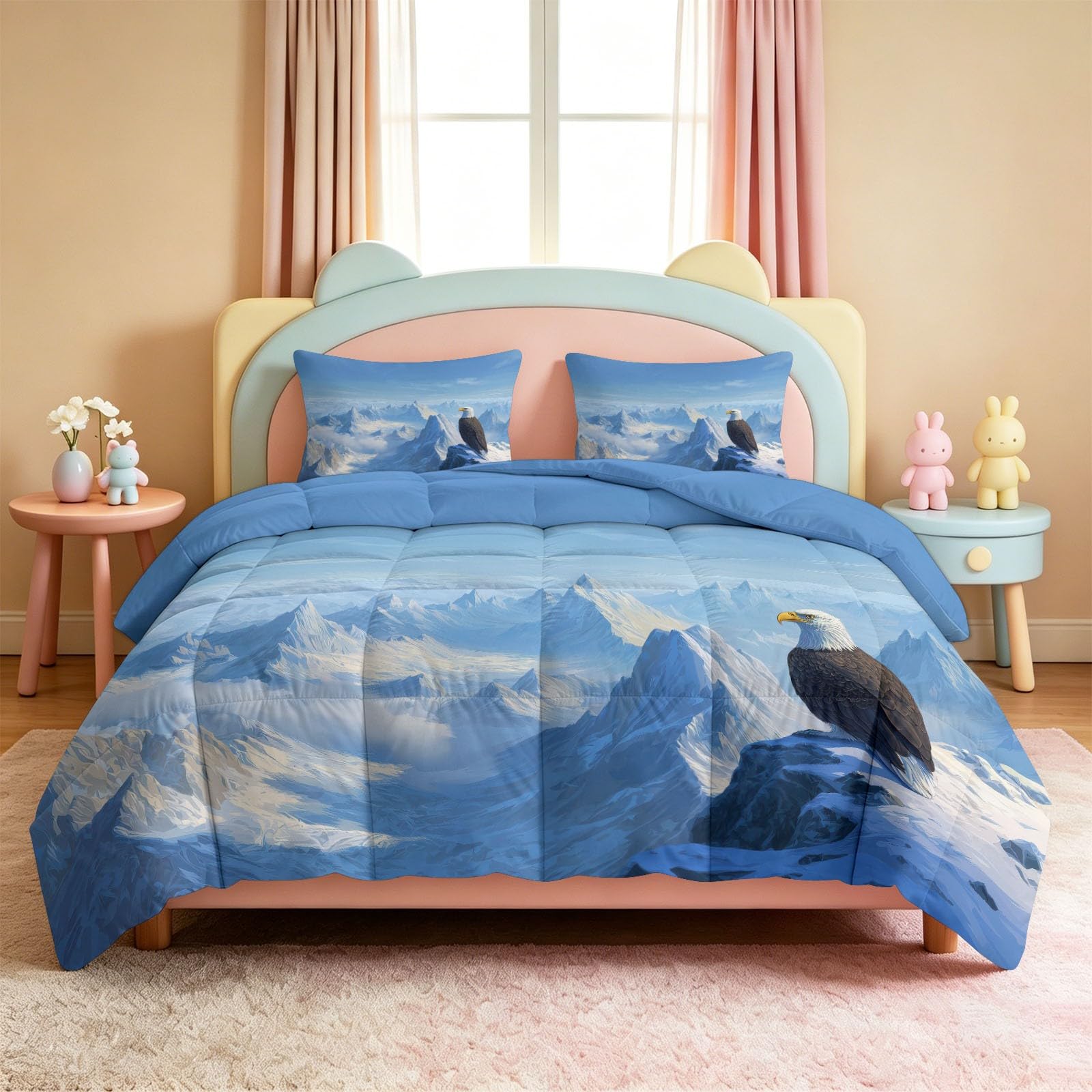 Generico Trapunta 150x200cm Montagne Blu Innevate Aquile Piumino 4 Stagioni Stampa Double Face Ultra morbido, Coperta Letto Invernale Lavabile, Piumone per Bambini Adulti con 2 Federa
