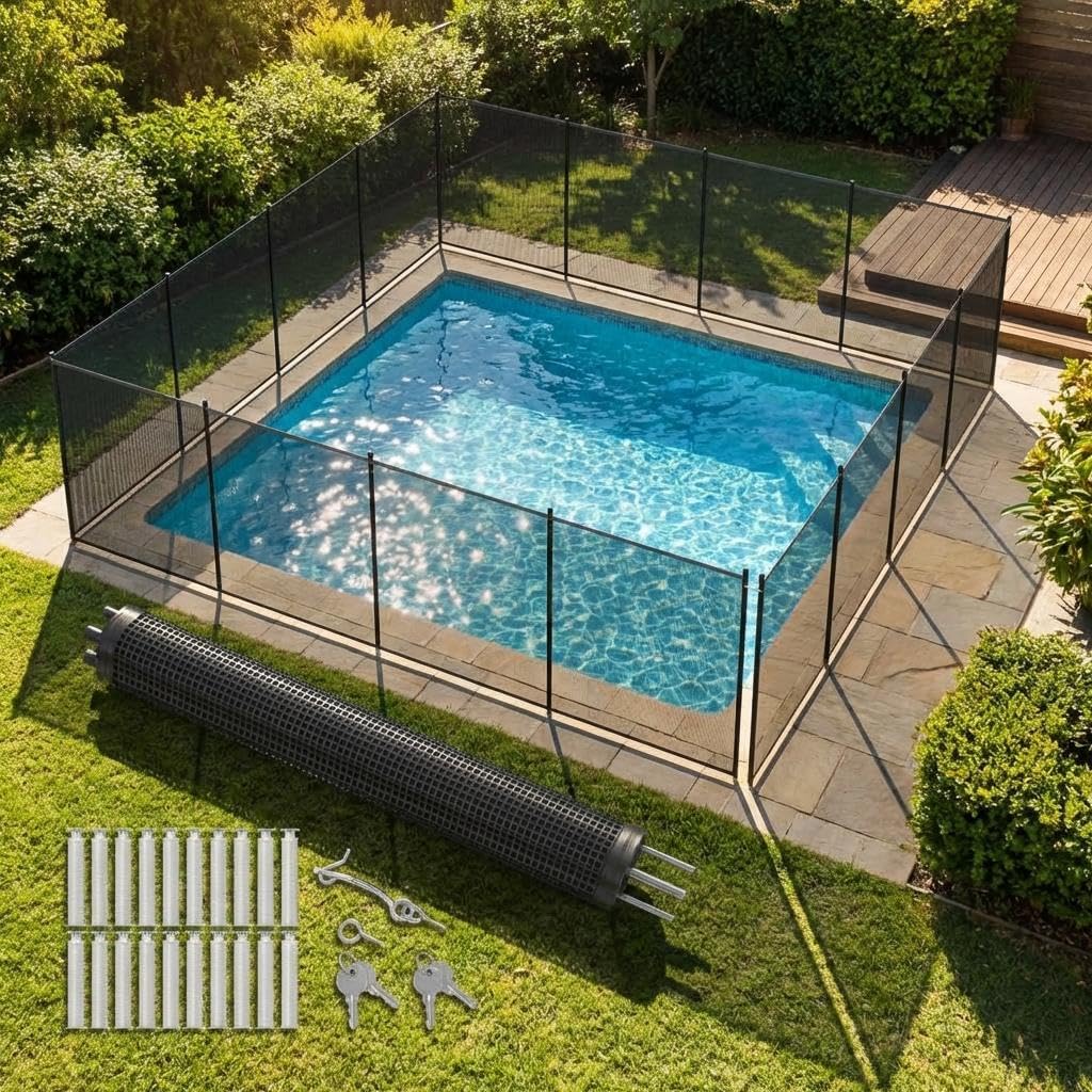 4Ft x 12Ft Removable Pool Safety Fence - Heavy-Duty Aluminum Mesh Fencing for Inground/Above Ground Pools, No-Tools 5-Minute Installation, Steel Feet, Black Outdoor Garden Pool Barrier