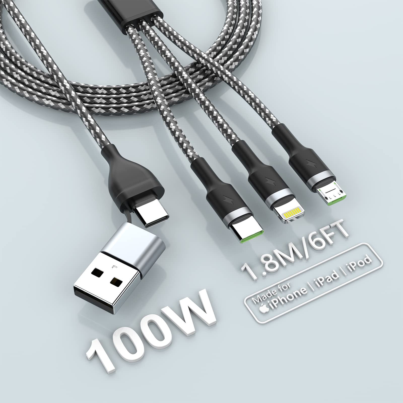 100W USB C Multi Fast Charging Cable, 6FT 6A USB C/A to Multi Charging Cable, 5 in 1 Braided Multi Charging Cable with Type C/Lightning/Micro USB Universal Sync Charger Adapter for Phone