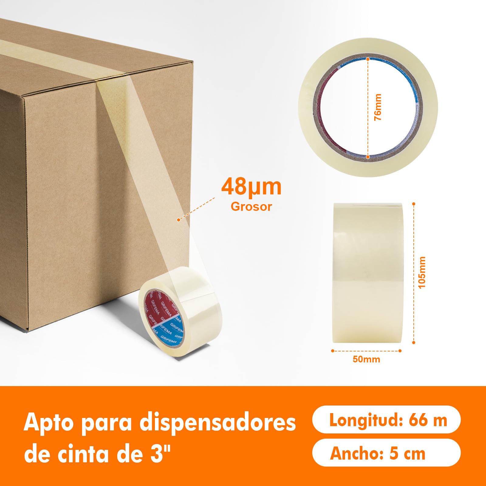 GRIFEMA GA4003-2, Cinta de Embalaje Silenciosa para Embalar Cajas de Cartón para Envíos y Mudanzas, Transparente, 66 m x 50 mm, 2 Rollos