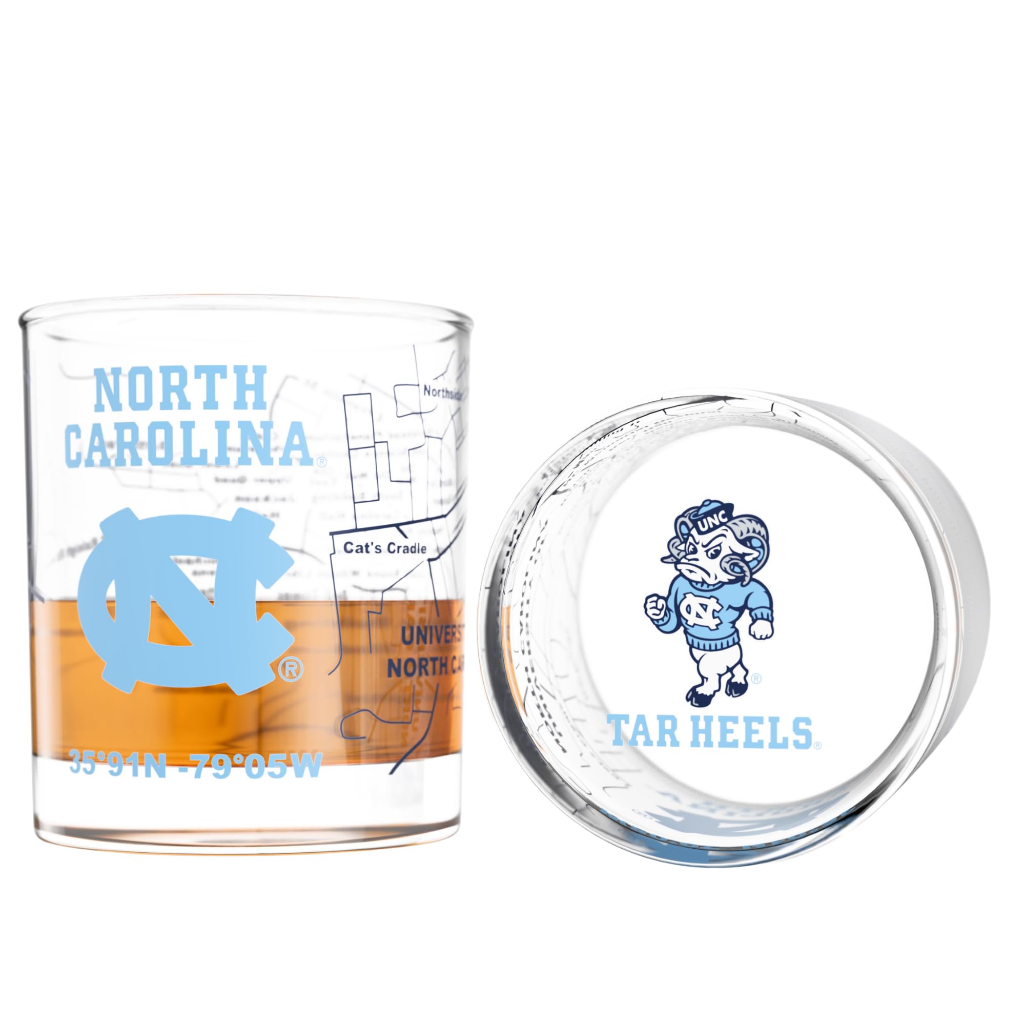 Greenline Goods University of North Carolina Tar Heels Whiskey Glasses Set of 2, 10 oz Rocks Glasses with Full-Color Logo &amp; Campus Map – Officially Licensed Bourbon Glass Gift for Alumni &amp; Fans
