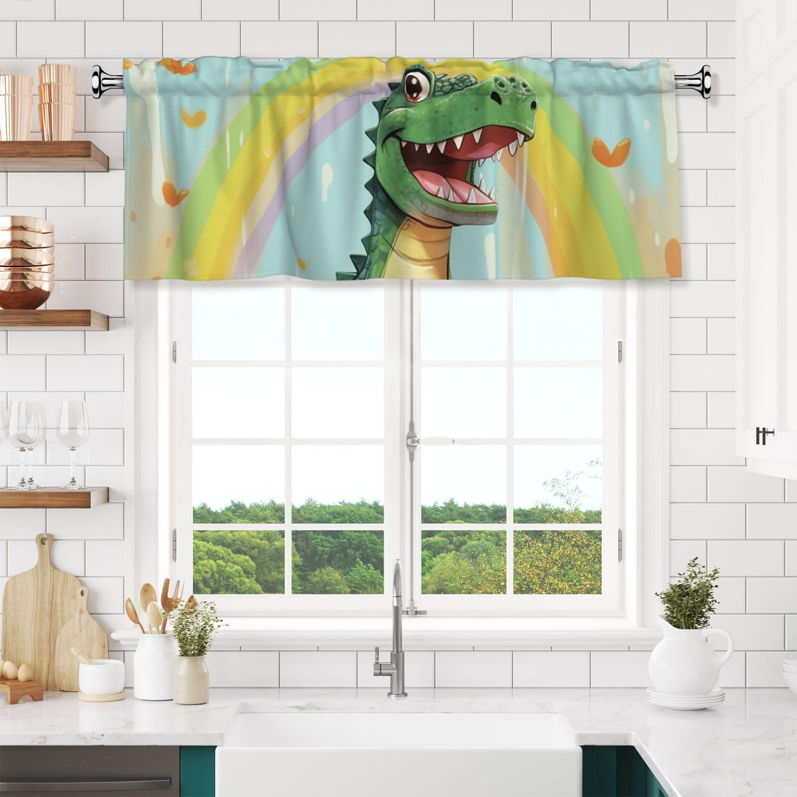NONHAI Cute Crocodile Rainbow Valances for Windows Short Curtains Rod Pocket Cafe Window Treatments Valance Curtains for Kitchen Bathroom Laundry Basement Windows 54x18inch Blackout Window Valance