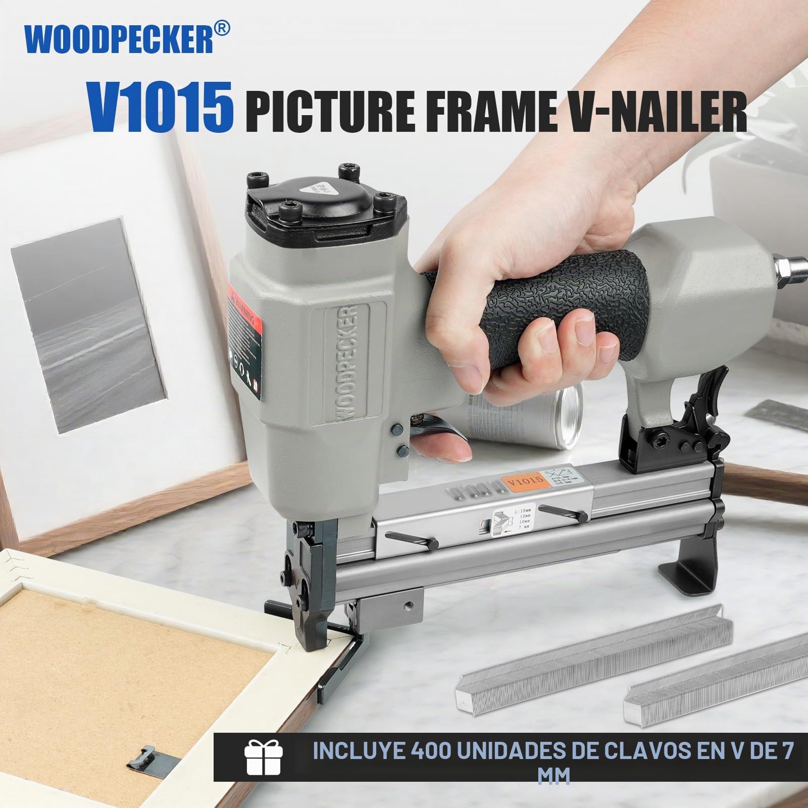 Woodpecker V1015 - Clavadora neumática para marcos de fotos | Se adapta a clavos en V de 7 mm a 15 mm (0.27 a 0.69 pulgadas), engrapadora de marco o unión para enmarcar fotos