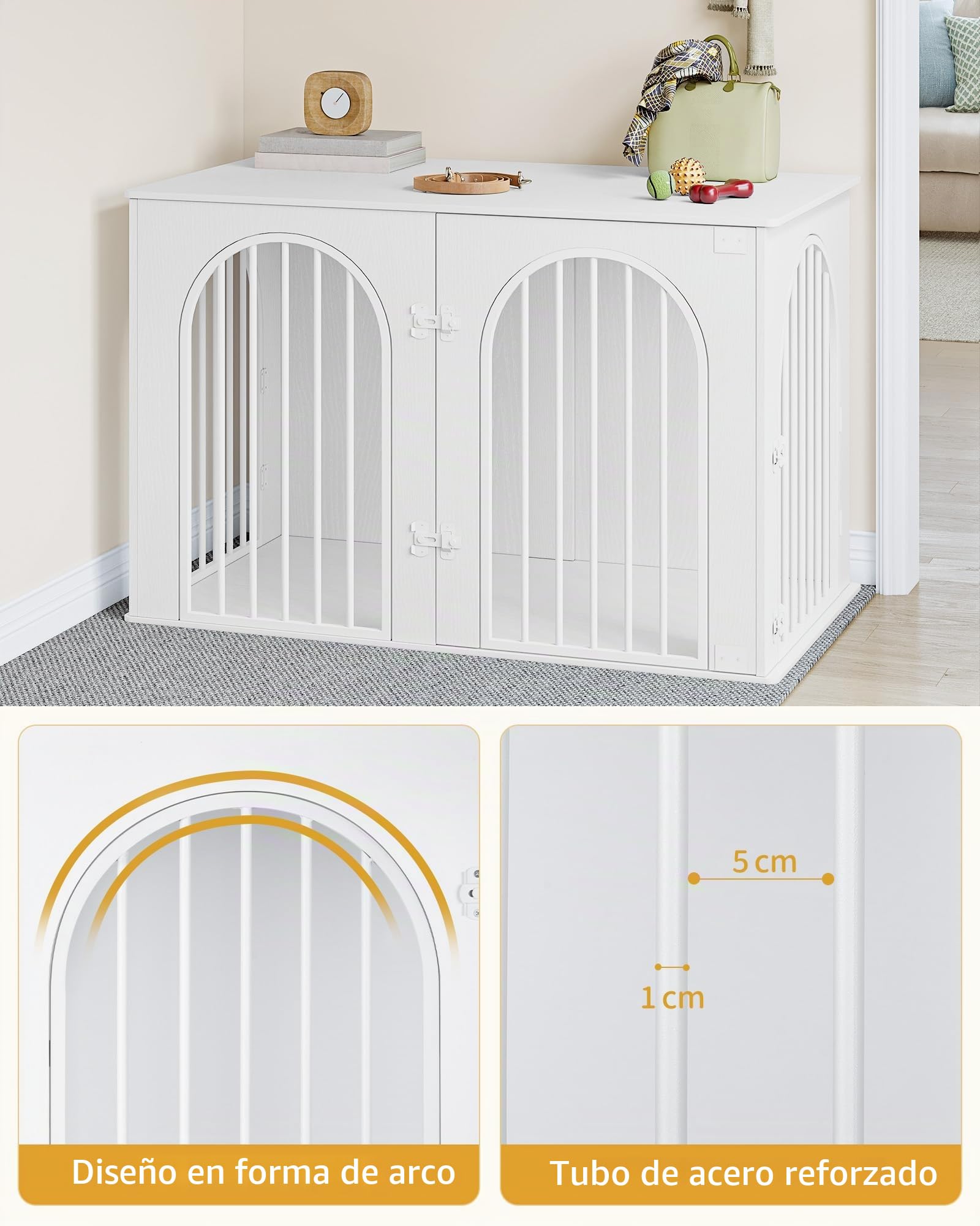 Hzuaneri 108 cm Jaula para Perros, Mesa Auxiliar, Casa Moderna para Perros, Jaula Perro Grande para Casa de Madera, Dúplex para Animales, 3 Puertas, Puerta Arqueada, 64 x 108 x 76 cm, Blanco