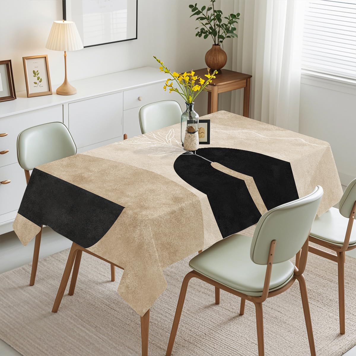 Mantel Antimanchas 240x140 Beige Moderno Y Negro Mantel Tela Poliéster Impermeable Lavable Manteles de Mesa Rectangular para Interior y Exterior Casa Comedor Cocina Fiesta
