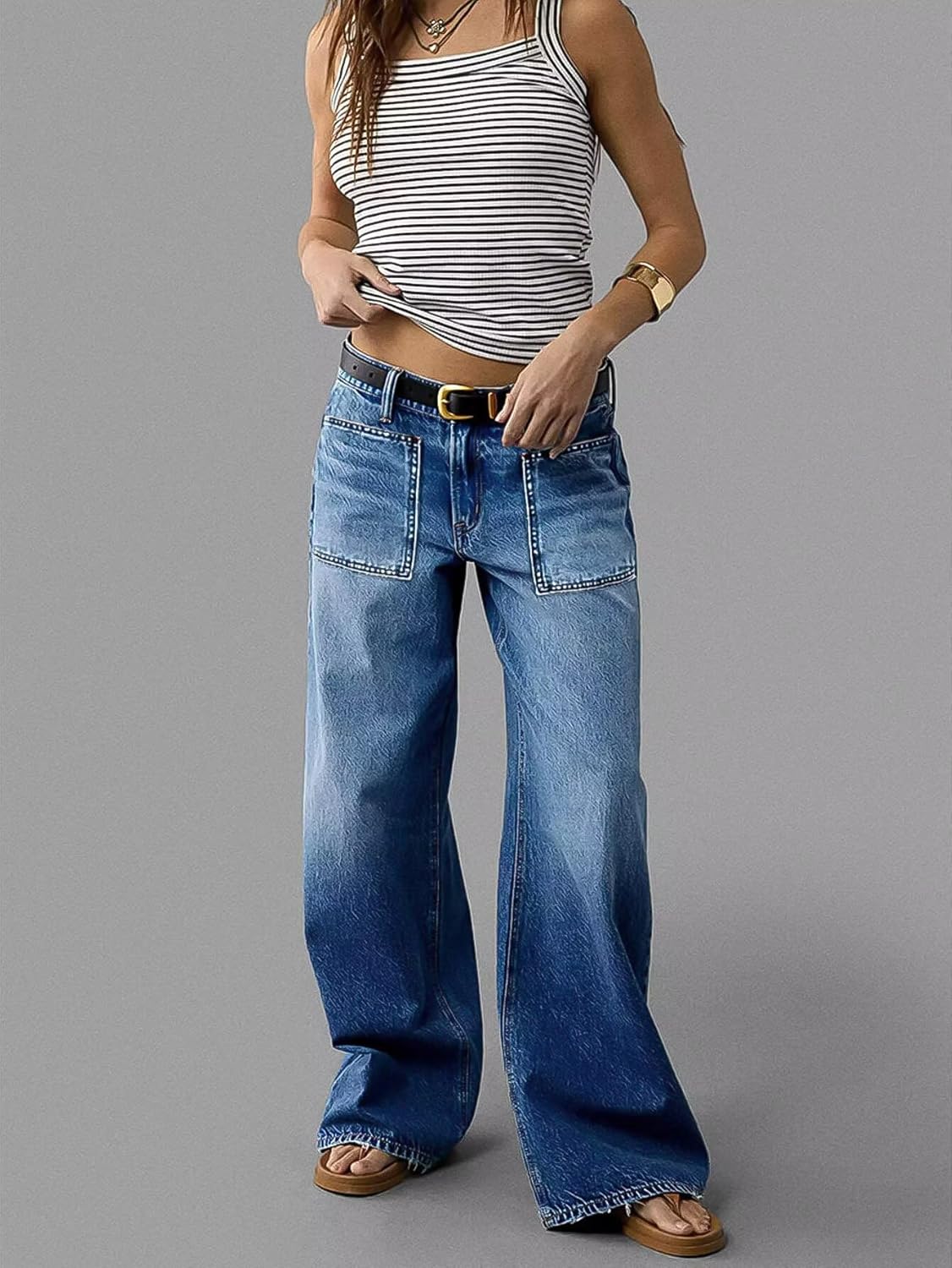 Flamingals Straight Leg Jeans for Women Trendy Mid Rise Stretchy Patch Pocket Baggy Jeans Casual Without Belt