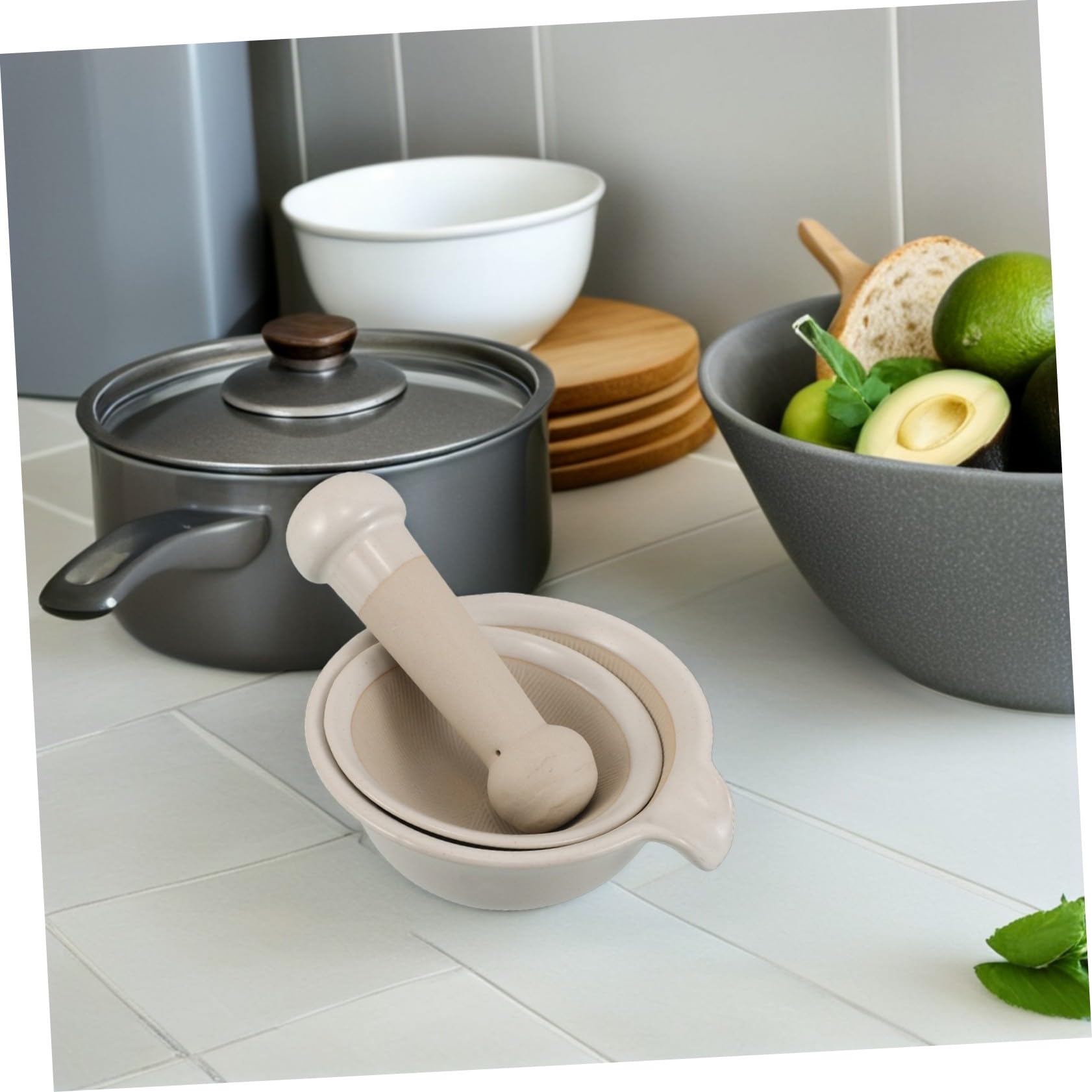 Food Masher Set Keramik Reisschale mit Stößel Leiser Manueller Brei-zubereiter Tragbar Für Babyernährung und Familienausflüge Japanisches Design