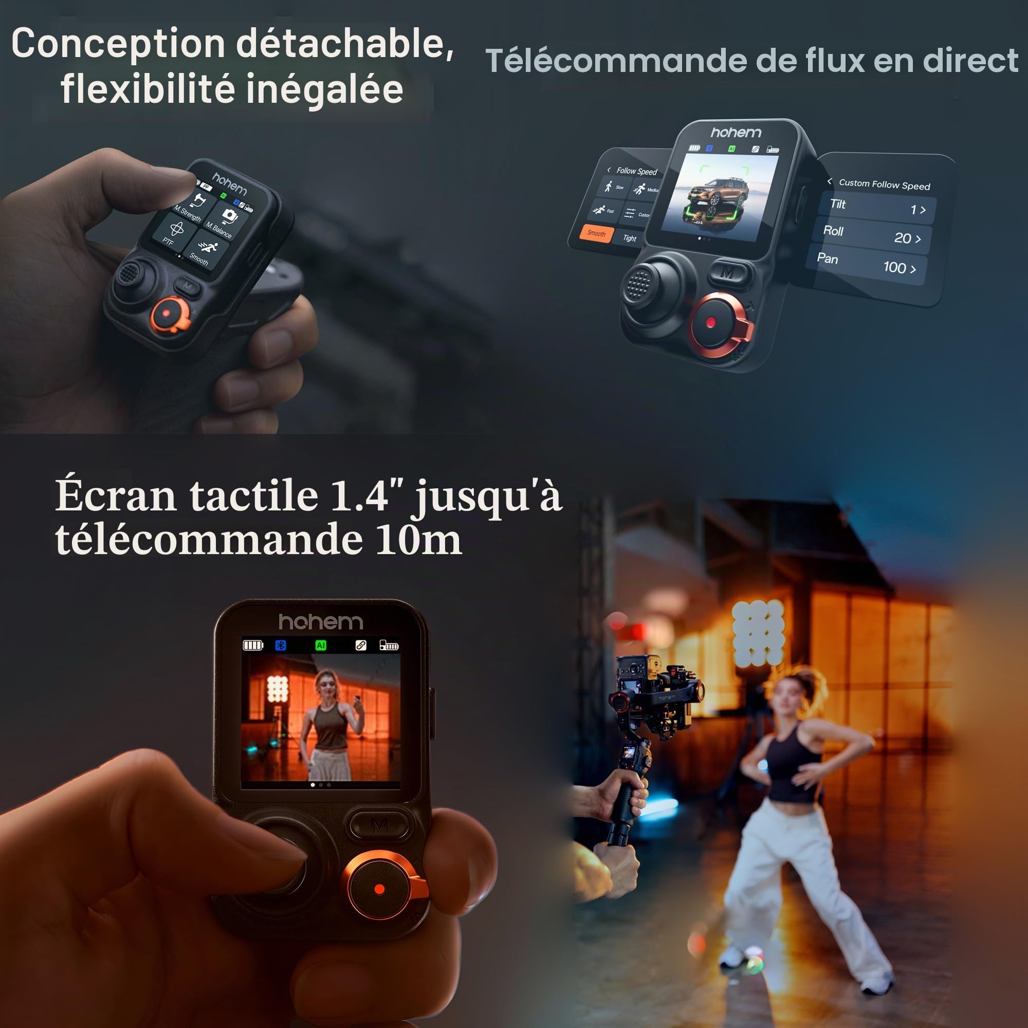 hohem iSteady MT3 Pro Kit stabilisateur de cardan d'appareil photo avec suivi AI et télécommande amovible en direct feed, poignée rotative bidirectionnelle, mise au point verticale, charge utile de