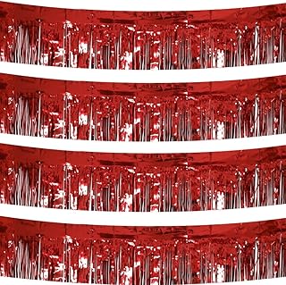 4 Pack Total 40 Feet Foil Fringe Garland Metallic Wall Hanging Drapes Tassel Skirting Tinsel Streamers Decorations for Parade Float Trailer Mardi Gras Party Birthday Wedding (Red)
