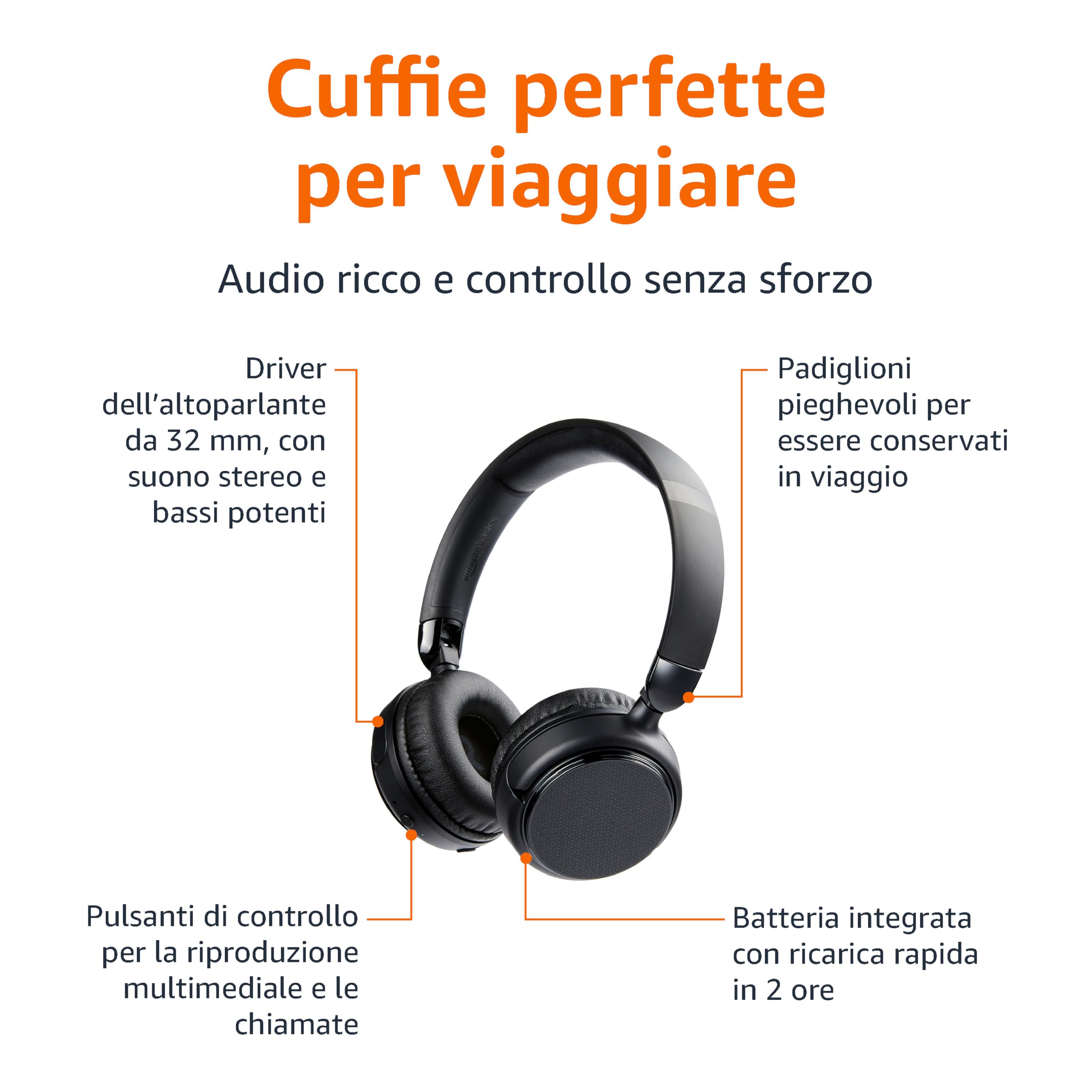 Amazon Basics Cuffie Over-Ear Wireless Bluetooth 5.1, Fino a 35 Ore di Autonomia, Leggere, Regolabili, Ideali per Viaggi, Ufficio, Cellulare e PC, Colore Nero