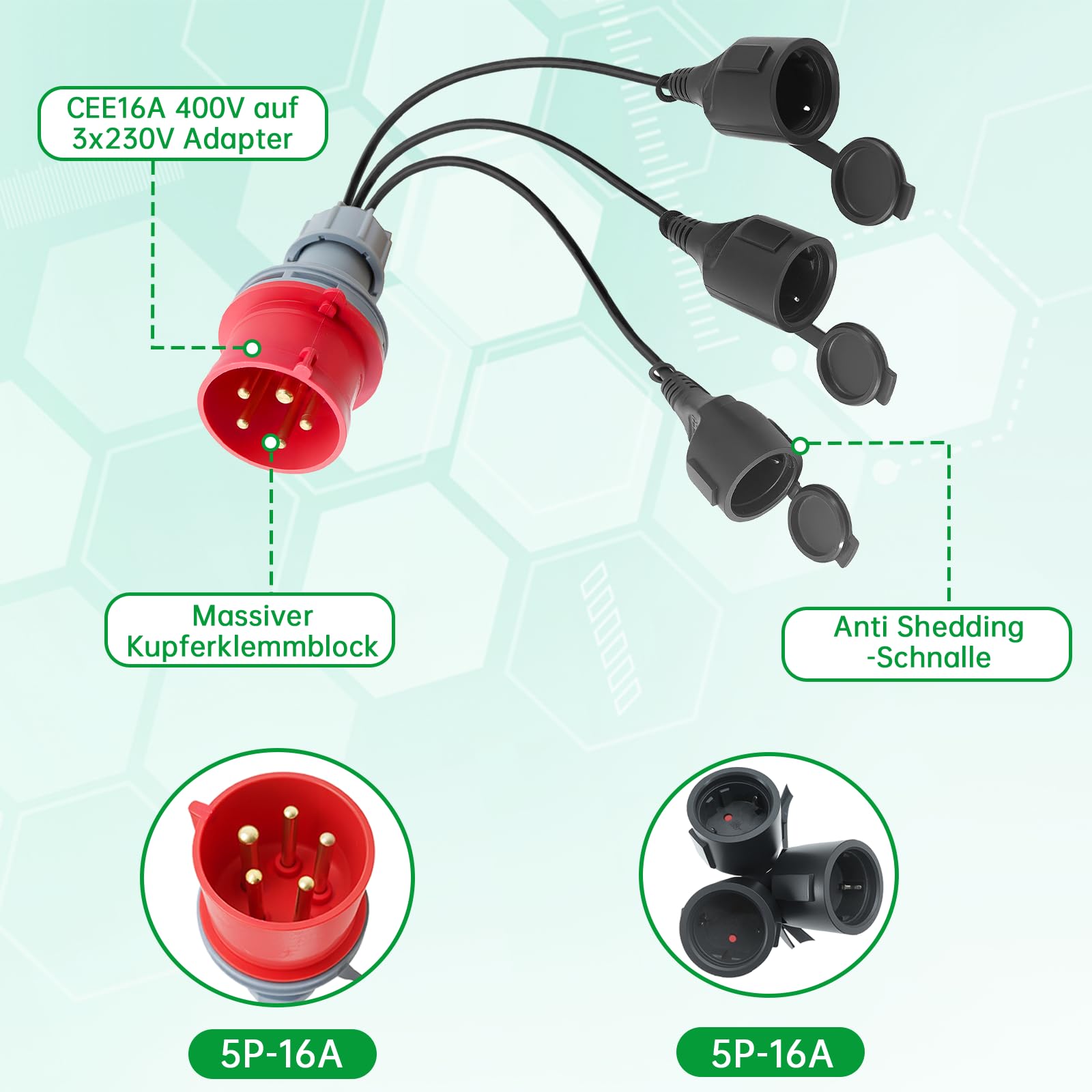 Adattatore Presa CEE, 400V 16A con 3 Schuko, Adattatore di Alimentazione Versatile Cavo di Prolunga IP44 per Campeggio, Camper, Cantiere e Esterno
