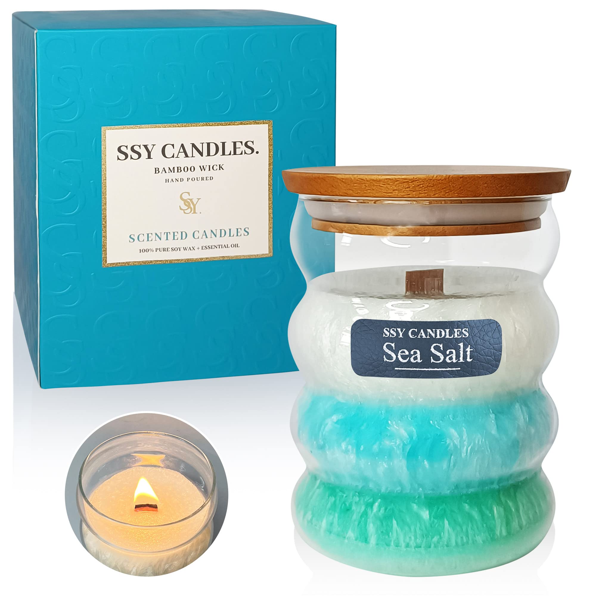 Scented Candles Soy Jar Candle - Gedengni Single Wood Candles Wick Sea Salt Scented Aromatherapy Candle Gift Sets for Home Spa Shower Wedding Decoration