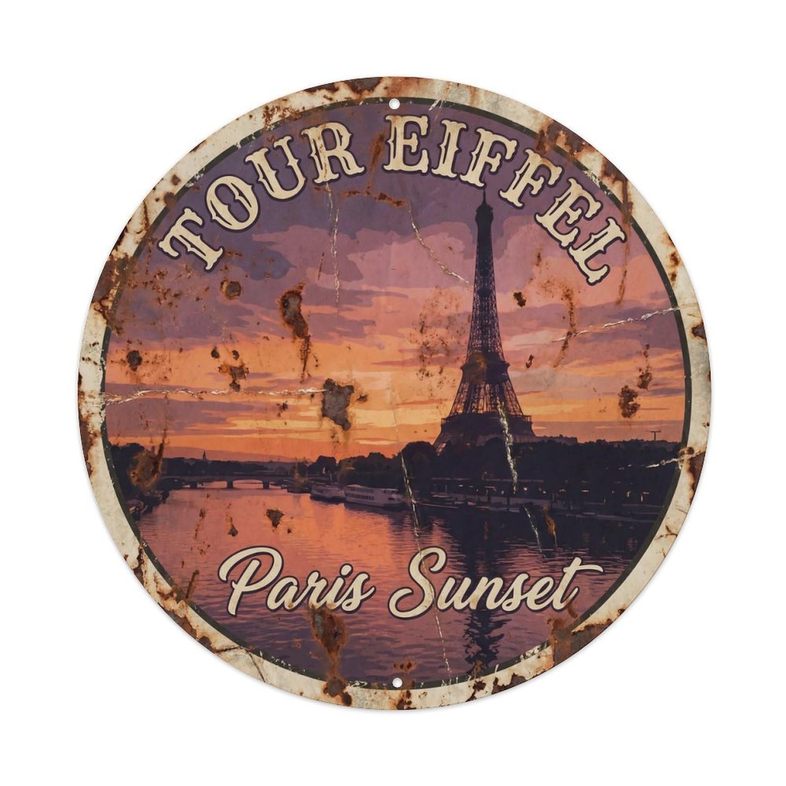Vintage Travel Eiffel Tower Sunset 1 Metal Tin Sign Plaque Wall Decor for Cafe, Club, Garden Round Metal Poster 8x8Inch