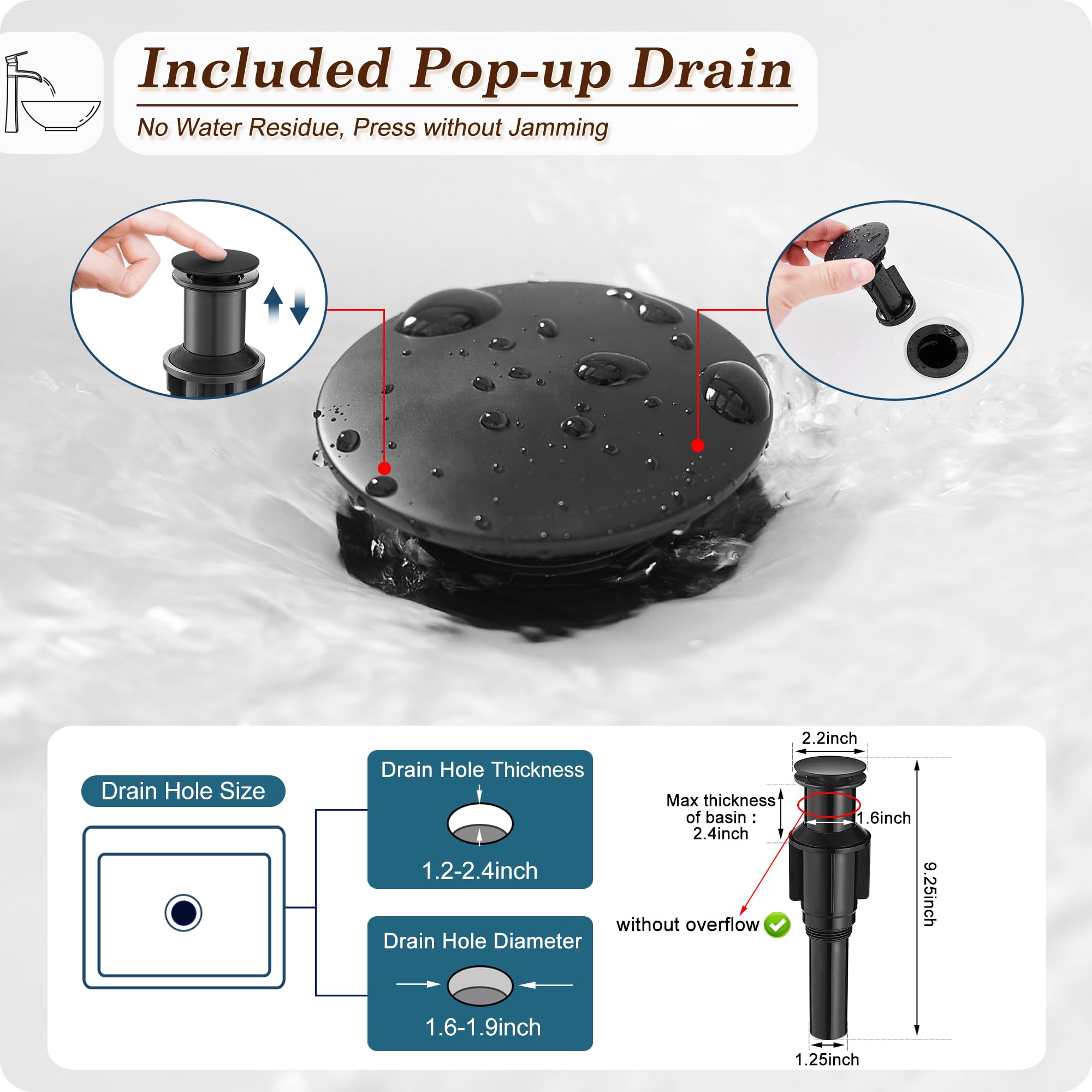 Vessel Sink Faucet Black 12 Inch Waterfall Tall Bathroom Faucet One Hole with Pop-Up Drain Pre-Installed Hoses Single — view 7