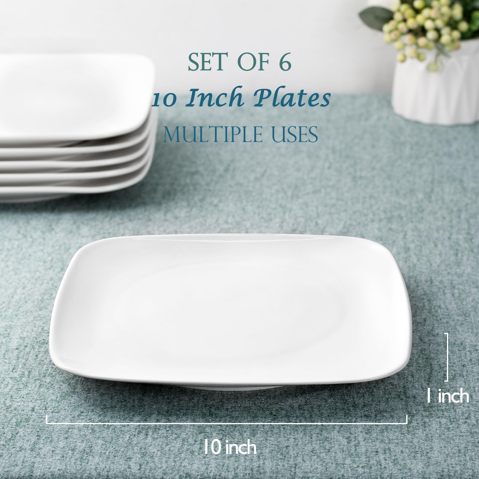 DELLING 10'' Porcelain Dinner Plates-White Dessert Plate- Square ...