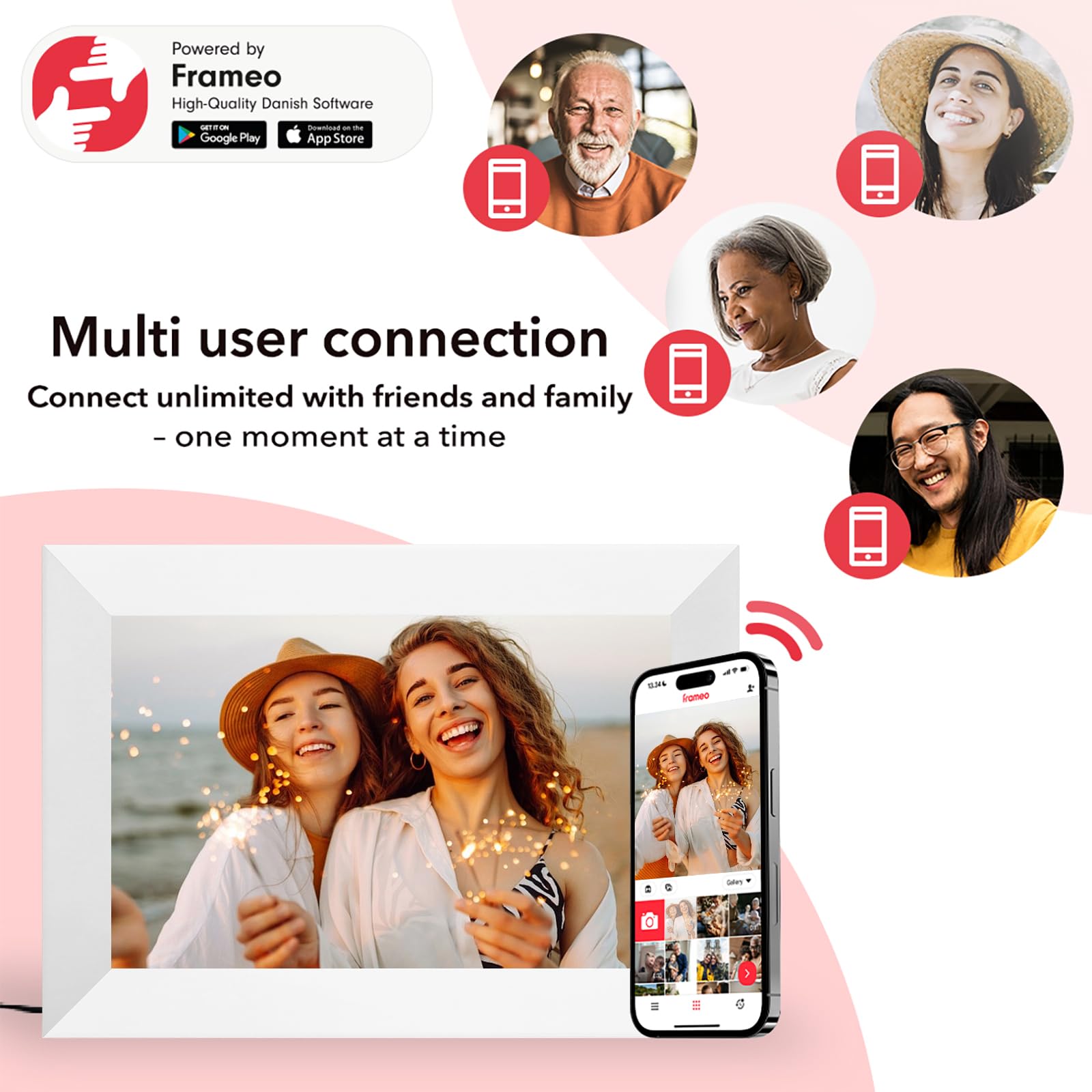 Frameo - Marco de Fotos Digital WiFi de 10.1 Pulgadas con Ranura para Tarjeta SD de 32 GB de Almacenamiento, visualización táctil IPS, rotación automática de Diapositivas, Compartir Videos