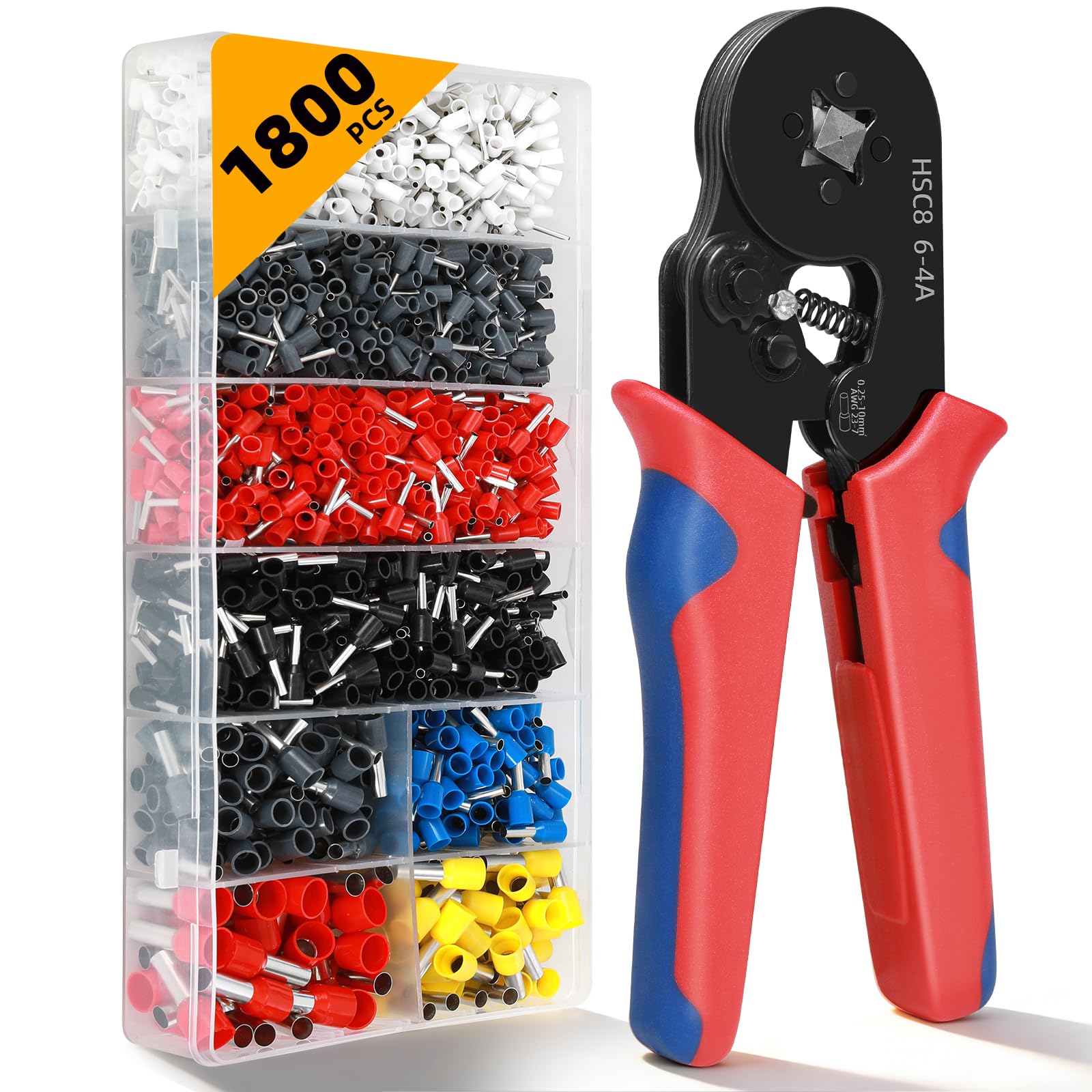 Ferrule Crimping Tool Kit - 1800PCS Wire Ferrules (AWG 23-7) with Self-Adjusting Ratchet Crimper Plier, Wire Ends Terminals Connectors Set for