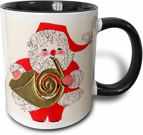 3dRose Santa Playing The French Horn-Taza negra de dos tonos, 11 onzas, multicolor
