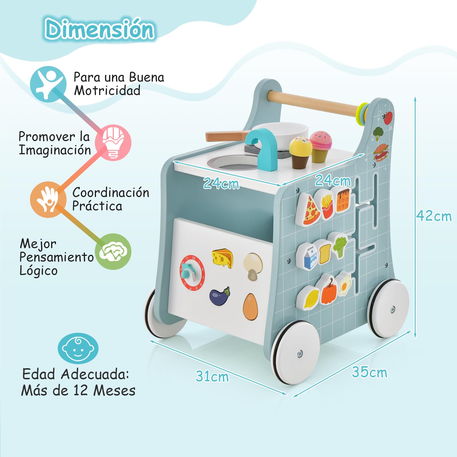 GOPLUS Centro de Actividades de Cocina de Madera 6 en 1, Andador con Cocina para Bebés, Cocina de Juguete, Juego de Empareja, Carriola Ergonómica con Ruedas para Bebés de 12+ Meses (Azul)