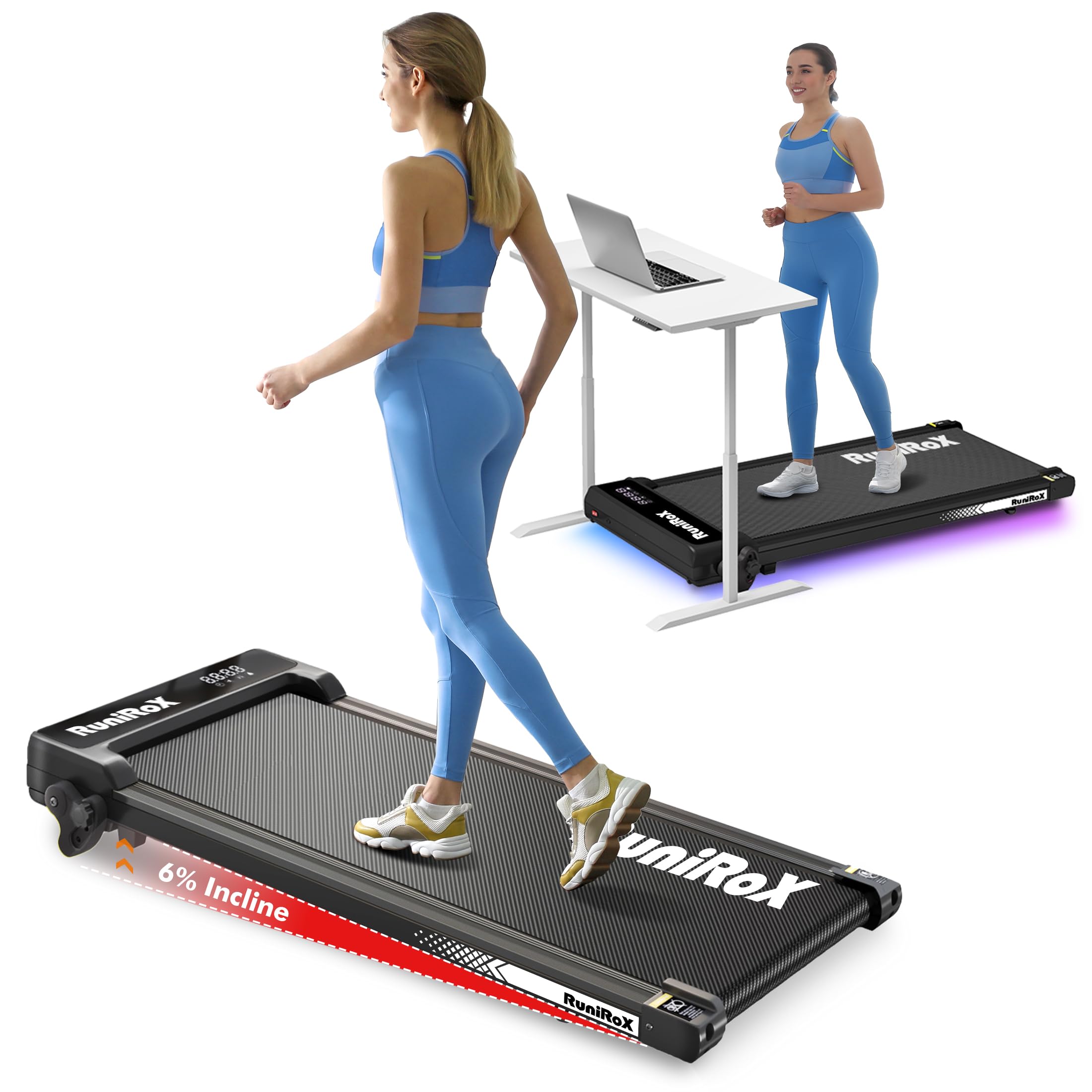 Walking Pad Treadmill with Incline, Under Desk Treadmill with Incline for Home Office, Small Portable Treadmill with LED Display and APP