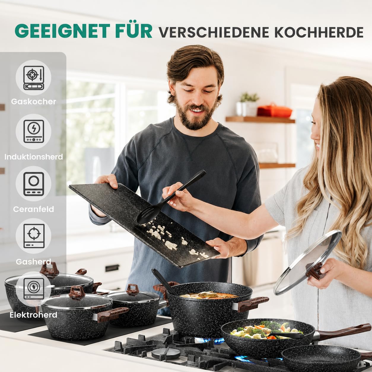 Topfset Induktion und Pfannenset Induktions Töpfe Set 13-teiliges Granit-Antihaft-Kochgeschirr Set mit Bratpfann, Kochtopf & Stielkasseroll, Glasdeckeln, PFAS und PFOA Frei