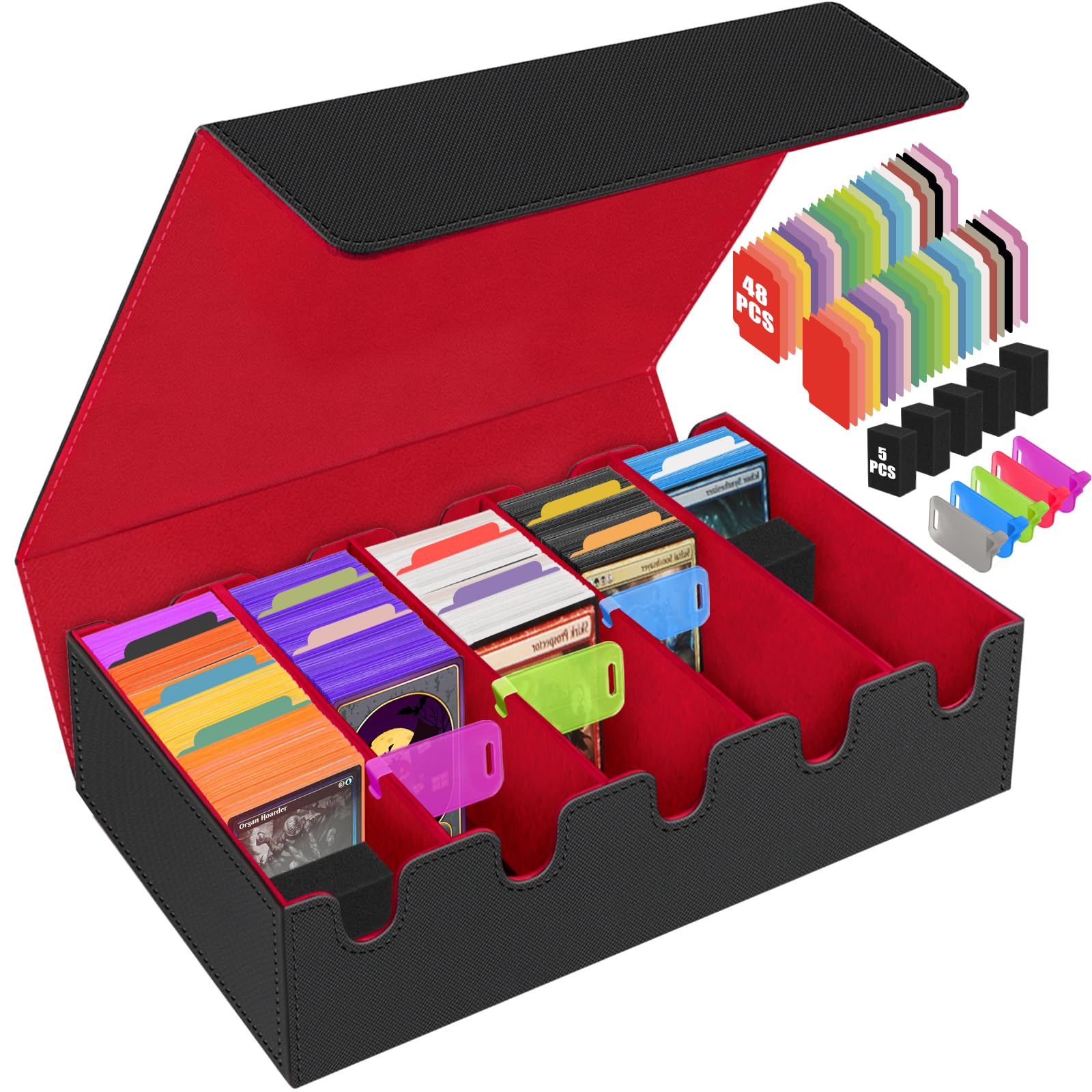HIMOMO 5-Row Vertical Trading Card Storage Box, Magnetic Lid Deck Case with 48 Paper Dividers & 5 Plastic Separators, PU Leather Holder for MTG & TCG Cards, Black & Red