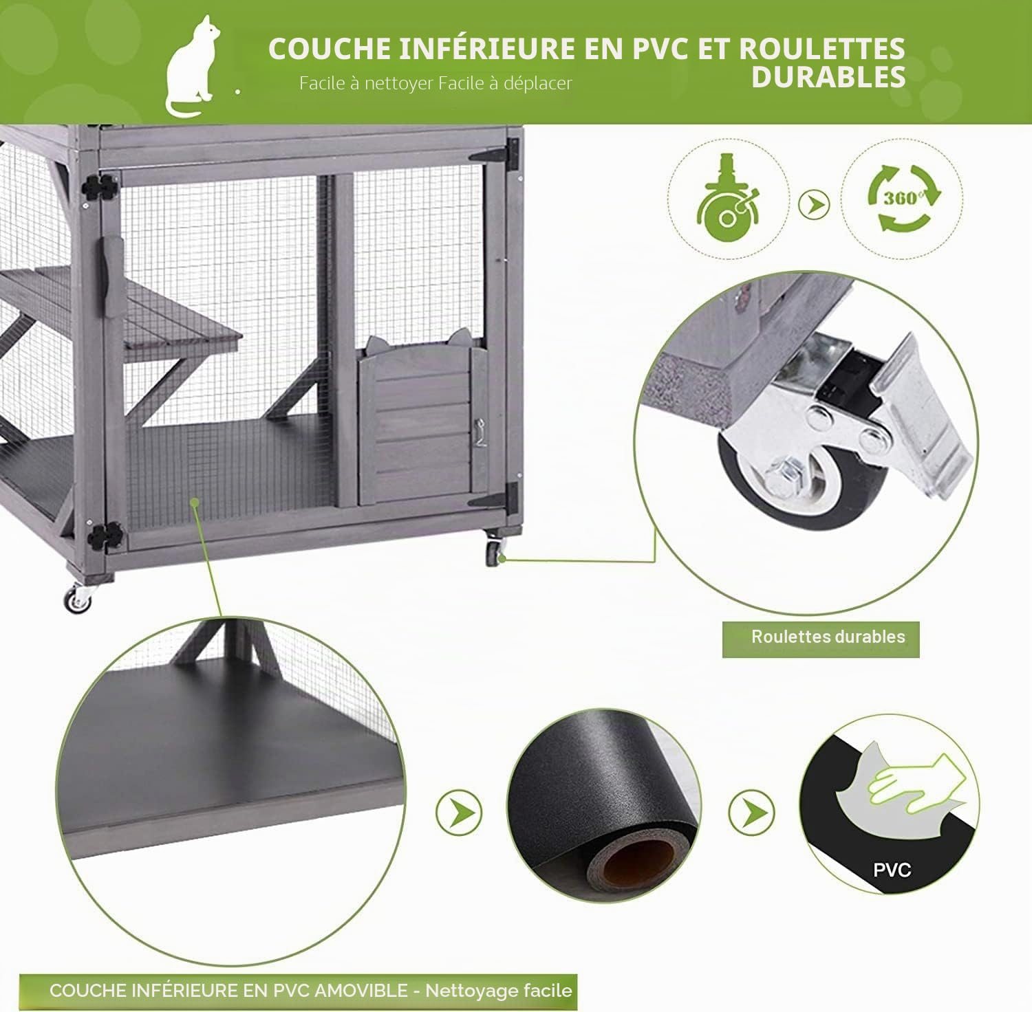 Cage pour chat en bois 180 cm avec roues, barres de renfort et toit imperméable