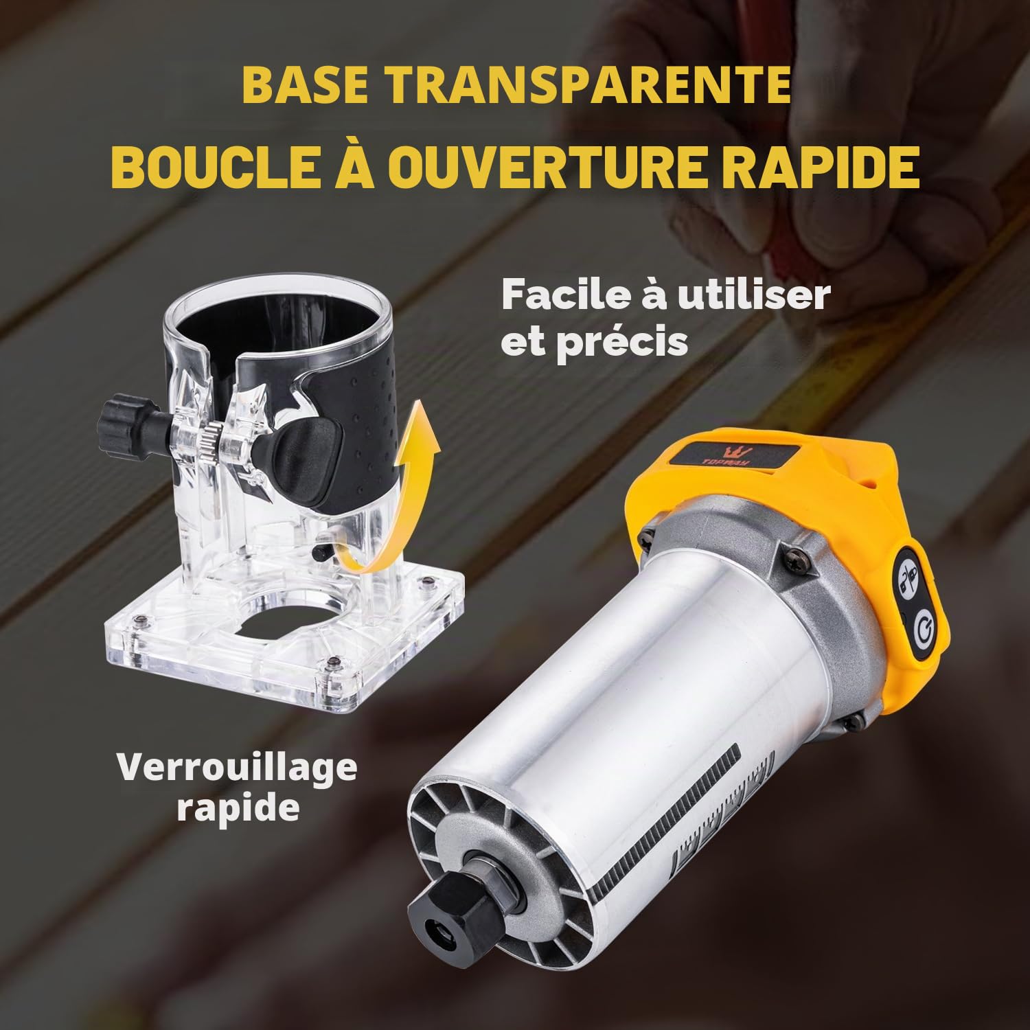 TOPWAY Défonceuse à bois portative sans fil 18 V – Compatible avec la batterie DeWa DCB184, vitesse variable, 3 pinces (1/4 po, 6 mm, 8 mm), base de coupe, sans batterie 102775