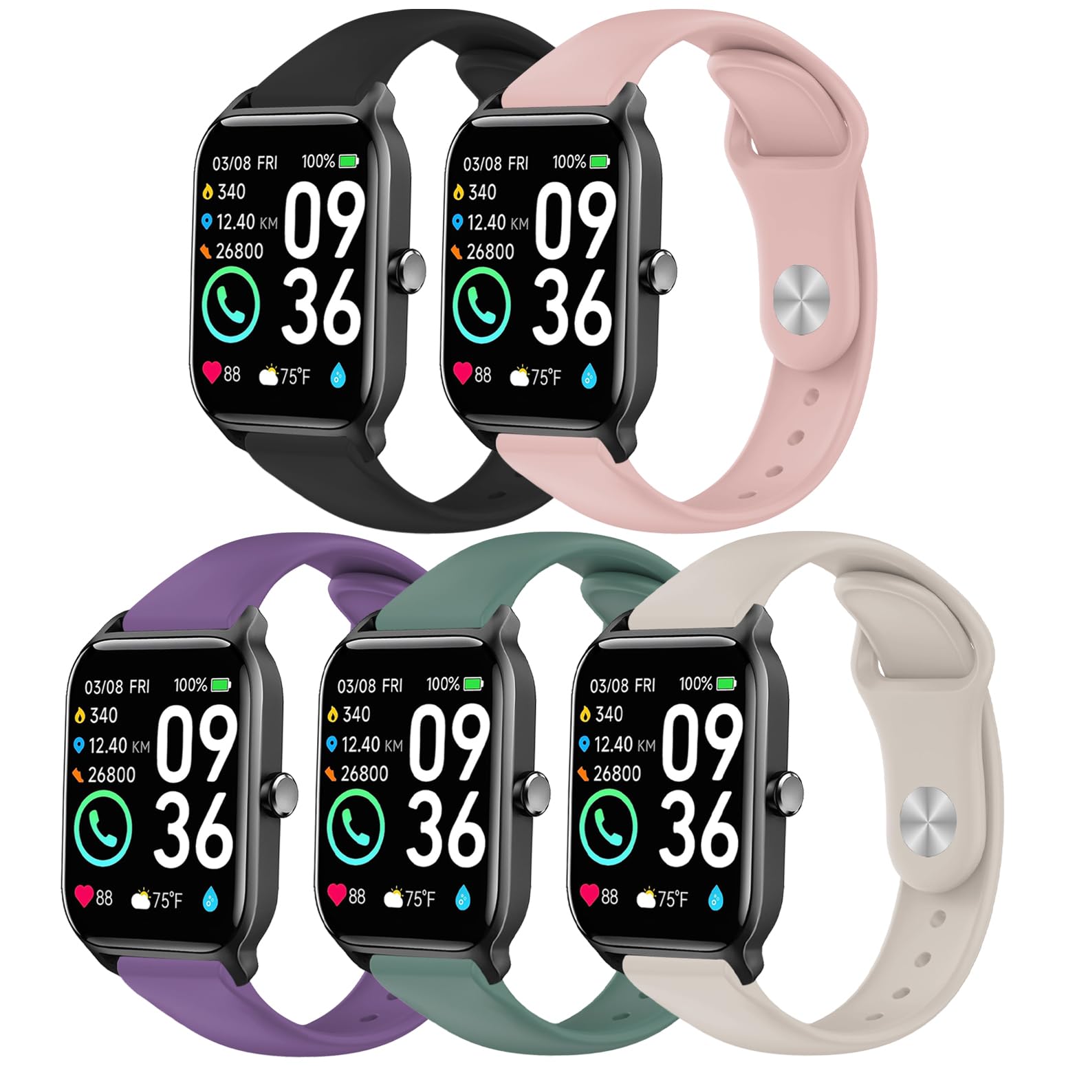 5-pak silikonowych pasków kompatybilnych z IDW13, IDW16, IDW19 pasek do smartwatcha, 22 mm, miękki sportowy pasek, zapasowy pasek do Woneligo/Fitpolo/ID208Plus/FITVII H56/Gydom/ENOMIR/Tensky